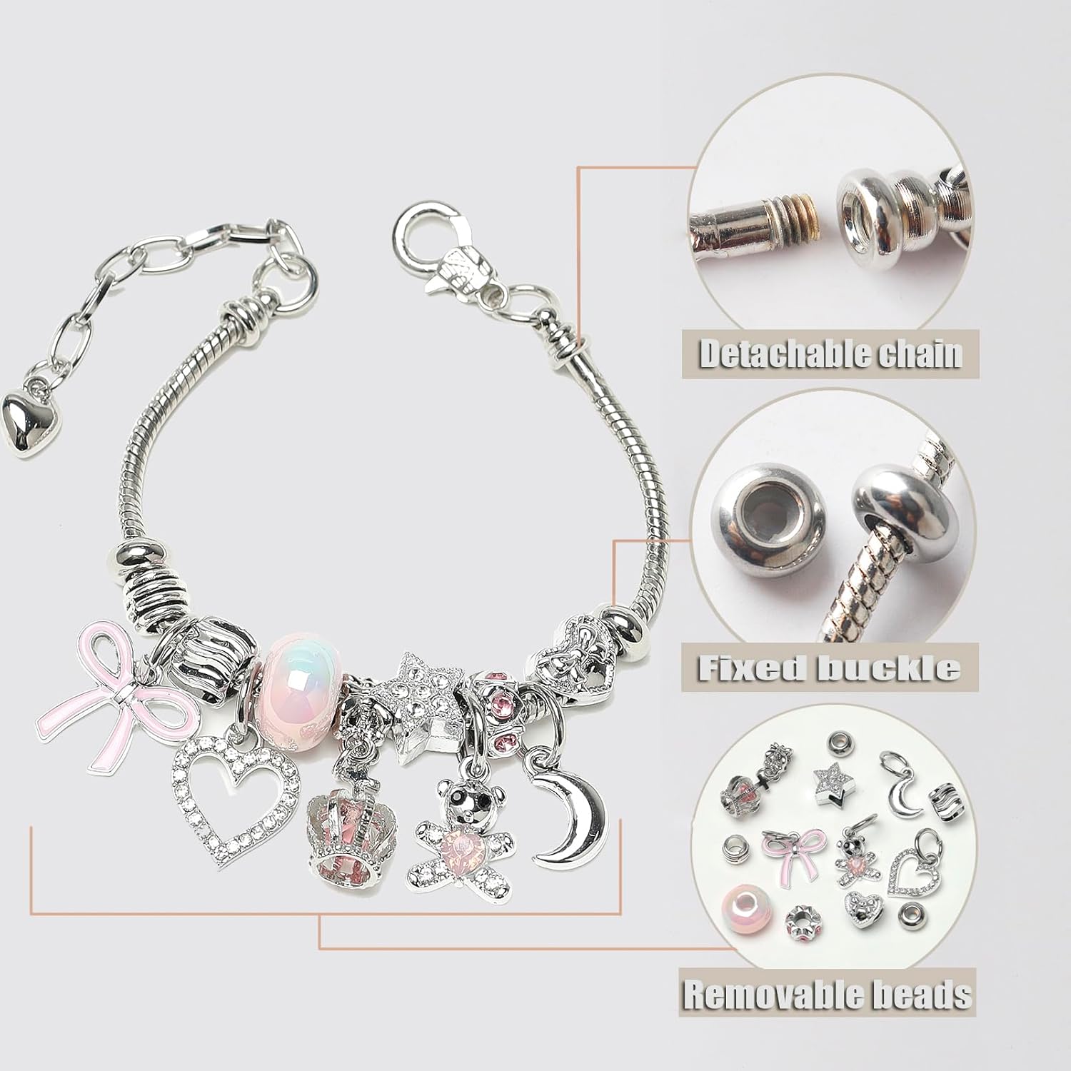 DS Charm Bracelets for girls,exquisite cute cartoon friendship Silver bracelets Stainless Steel Bangle with birthday Gift box, Adjustable girls jewelry Suitable for holiday gifts