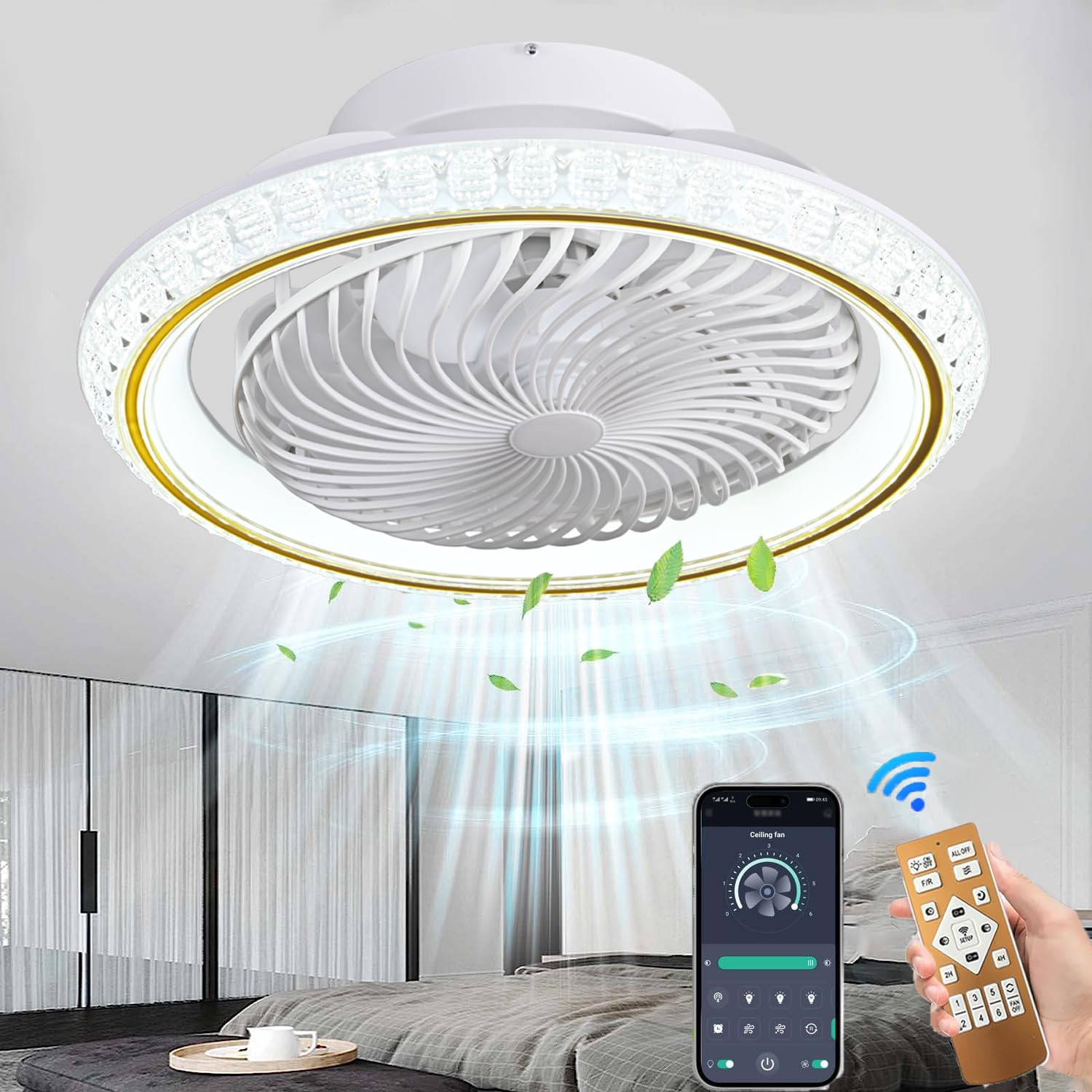 Deckenventilator mit Beleuchtung LED, 72W Dimmbar Fernbedienung, 360° Drehbare Invisible Fan Deckenleuchte 49cm