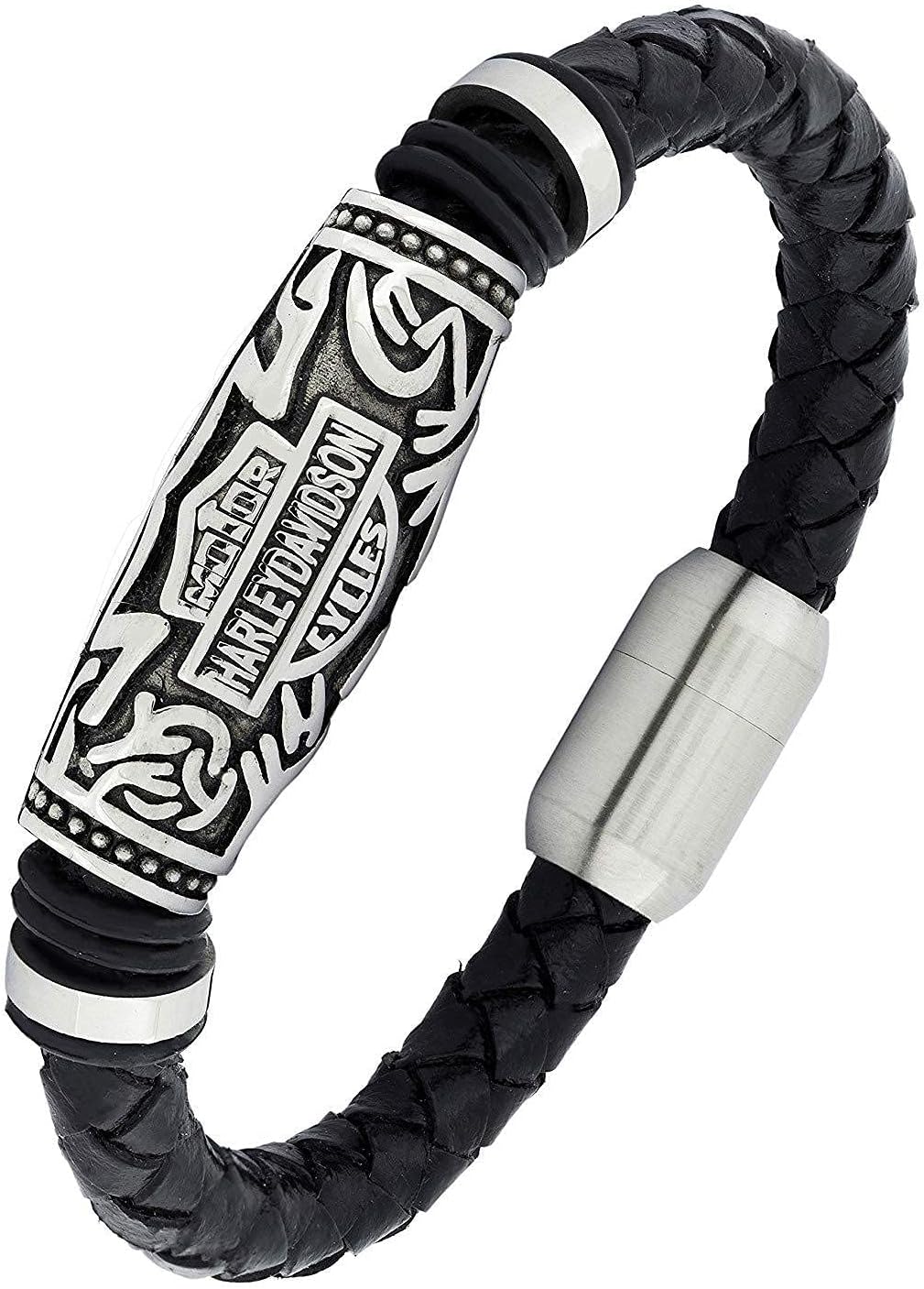 ZIVOM® Biker Harley 100% Genuine Handmade Soft Durable Black Leather Stainless Steel Wrist Band Bracelet Stylish Men