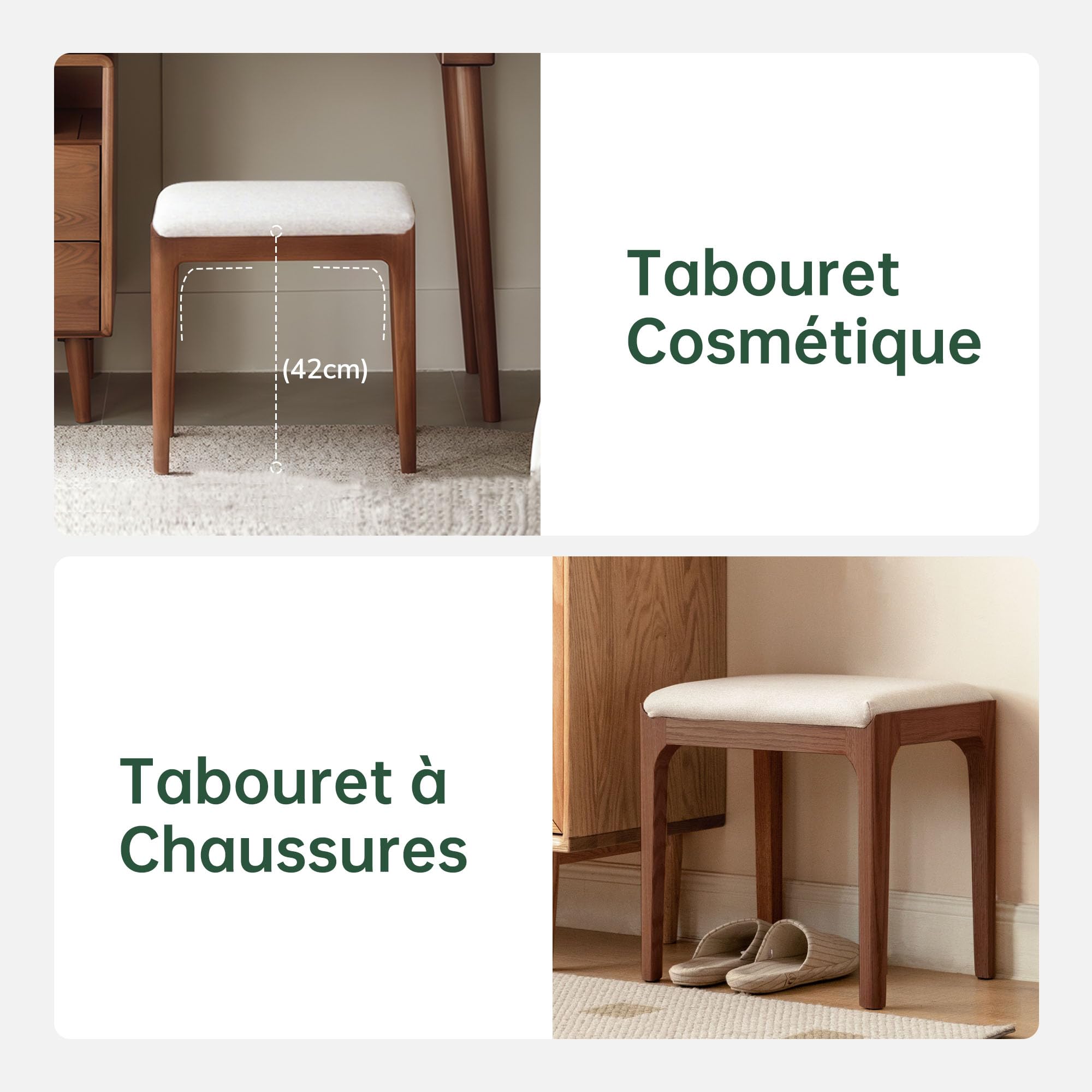 YESWOOD Tabouret de Coiffeuse en Bois de Chêne Massif, Livré Monté, Chaise de Coiffeuse Style Moderne, pour Chambre, Coiffeuse, 43 x 30 x 42 cm, Noyer