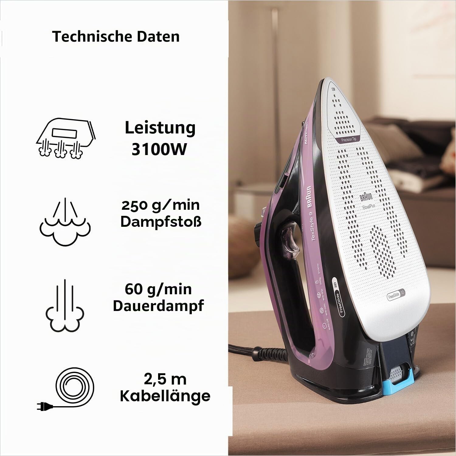 Braun TexStyle 9 SI9661VI Dampfbügeleisen mit FreeGlide 3D-Technologie, vertikales Bügeleisen, Anti-Tropf-Funktion, Tank 330 ml, 260 g/min, 3200 W, Violett