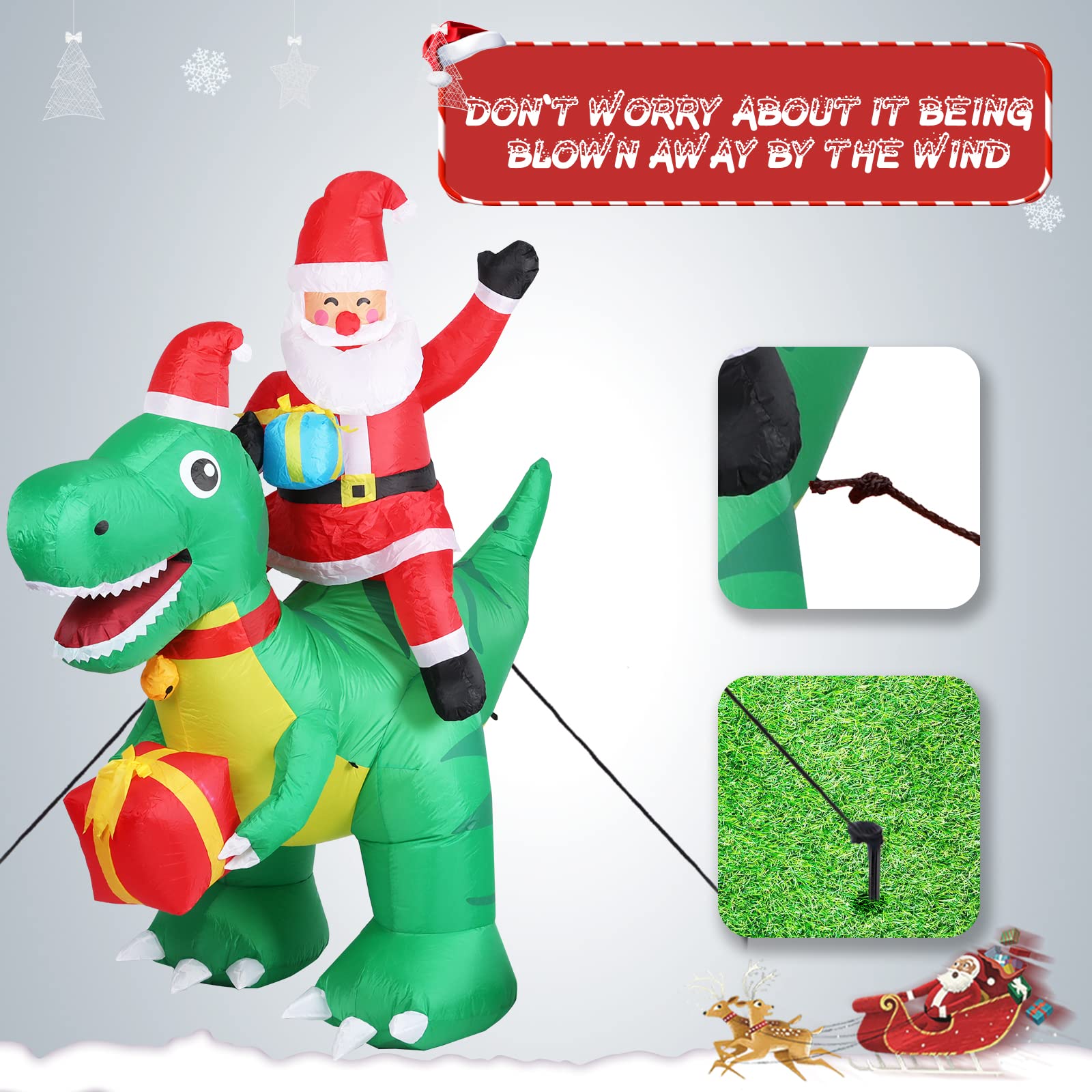 Dinosaurio inflable de Navidad de 6.5 pies de altura, decoraciones inflables de Papá Noel montando en dinosaurio, decoraciones de patio con luces LED integradas para Navidad, fiestas, césped,