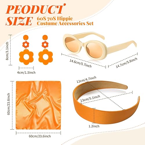Miniatura 2 de 4 piezas de accesorios de los años 70 y 60 para mujer, diseño de discoteca hippie groovy, accesorios para disfraz, diadema, aretes colgantes, gafas