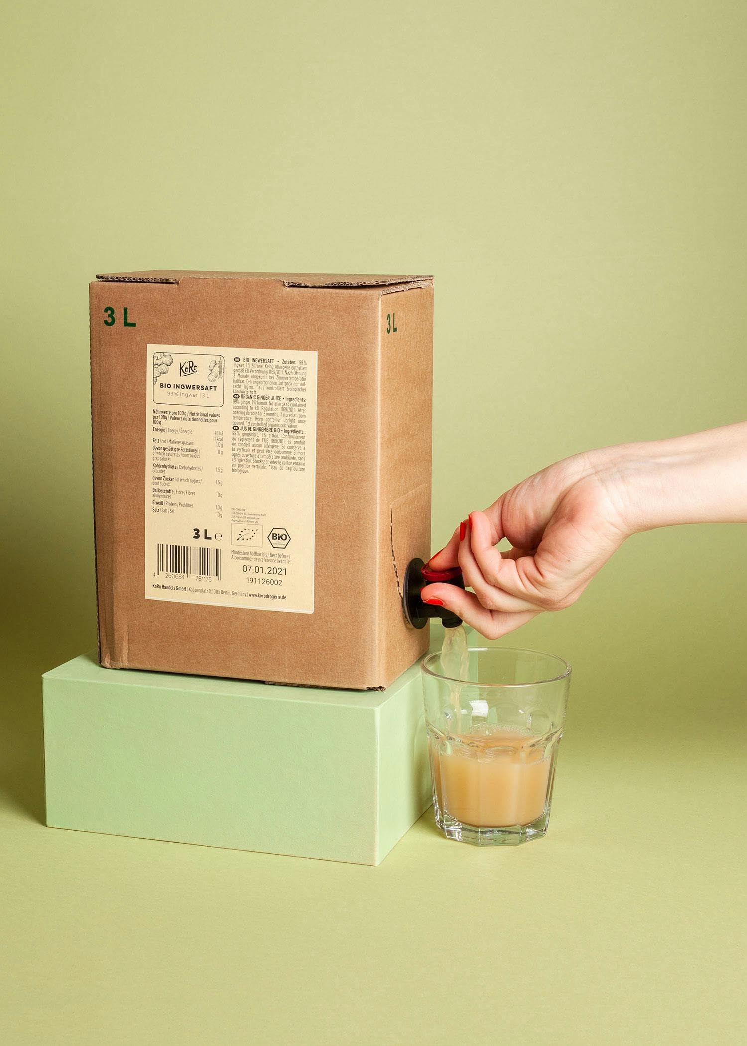 KoRo - Pur Jus de Gingembre Bio et Organique - Bag-in-Box 3 L, Sans Sucre Ajouté, Sans Colorant ni Conservateur, Riche en vitamine C