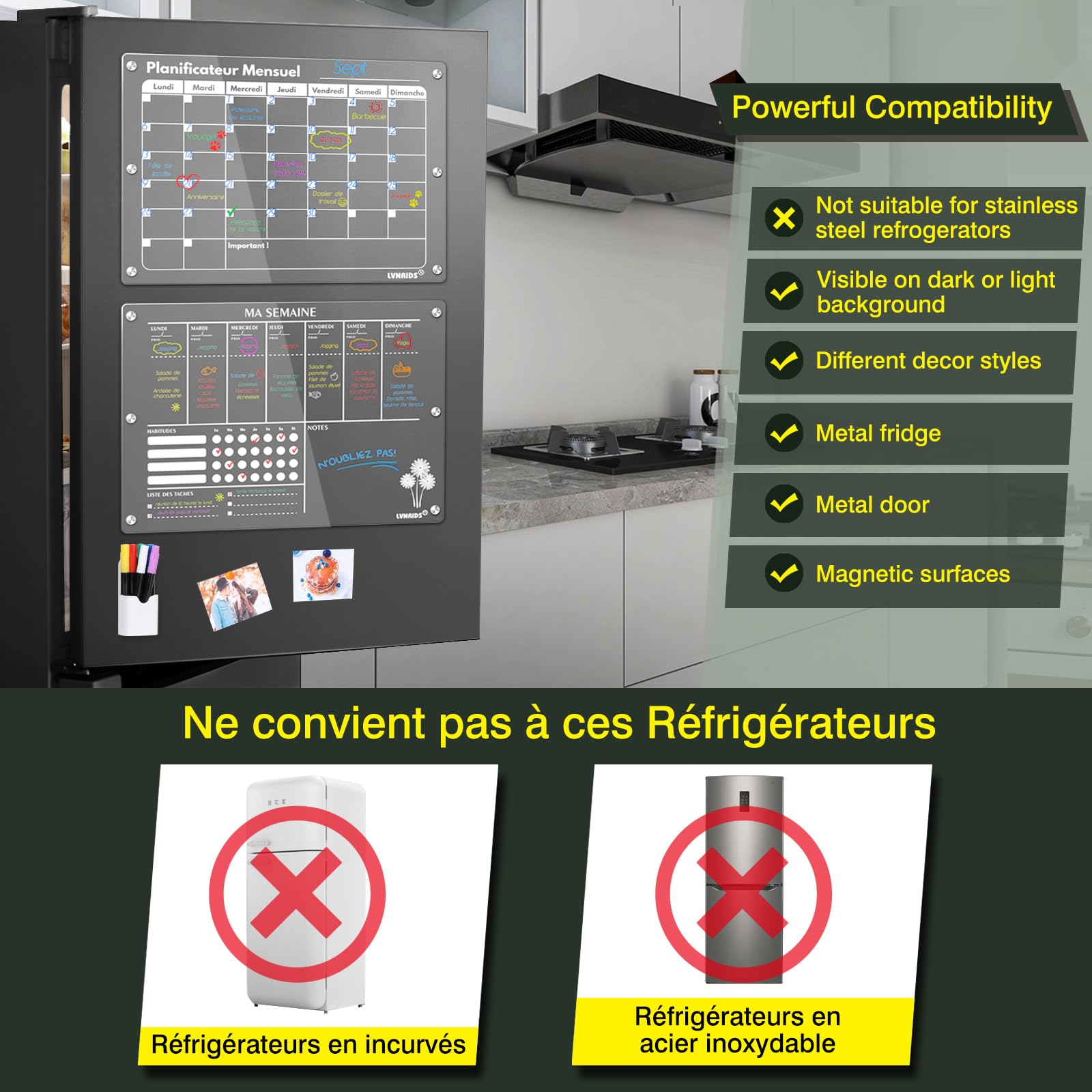 2 Pack Calendrier Frigo Transparent Magnetique en Français, 42 x 30 cm Acrylique Calendrier Magnetique Planner Frigo et Planning Semaine Magnétique Tableau Transparent