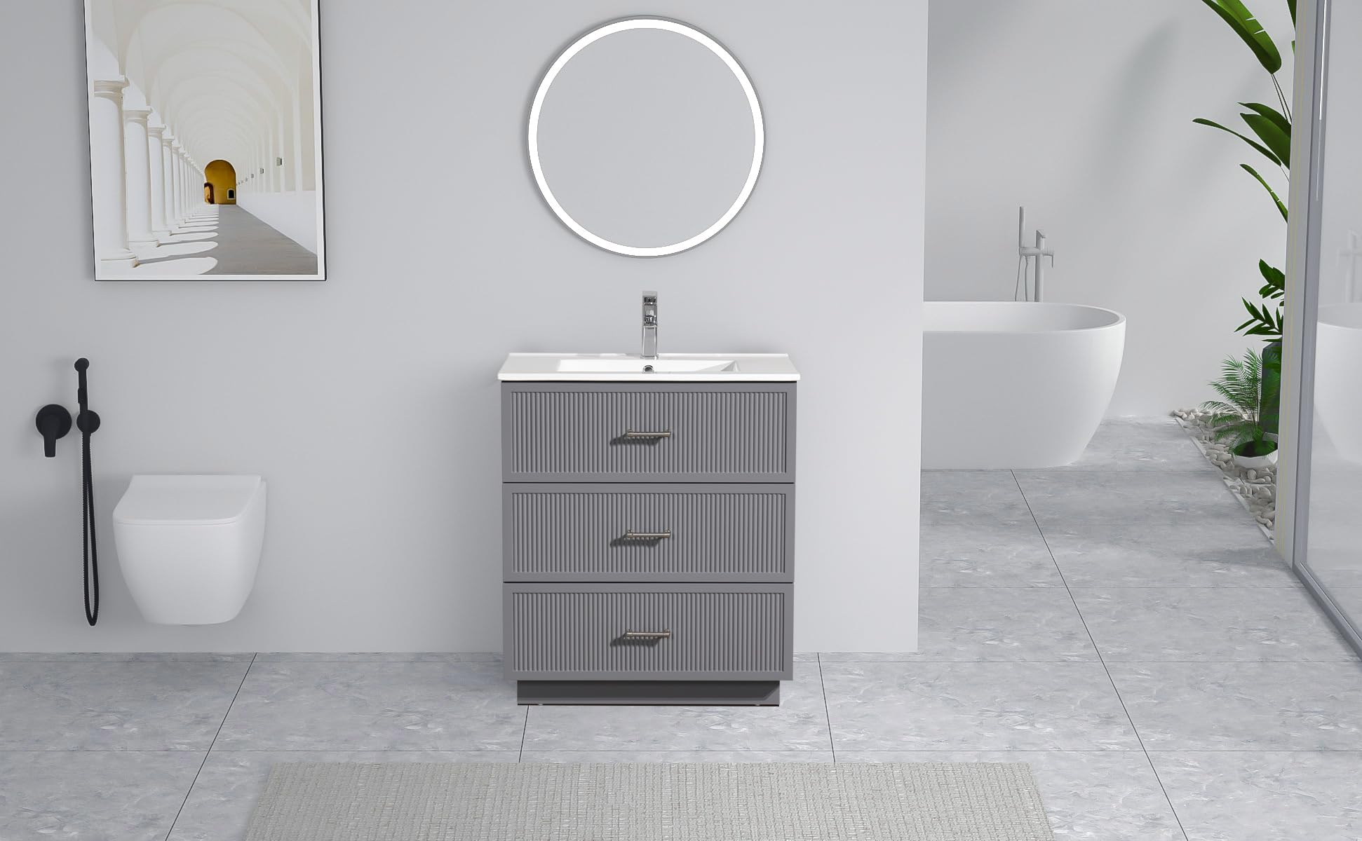aphrophina 30 Inch Bathroom Vanity with Ceramic Sink Combo Set, Modern Freestanding Cabinet with 2 Drawers, Gray
