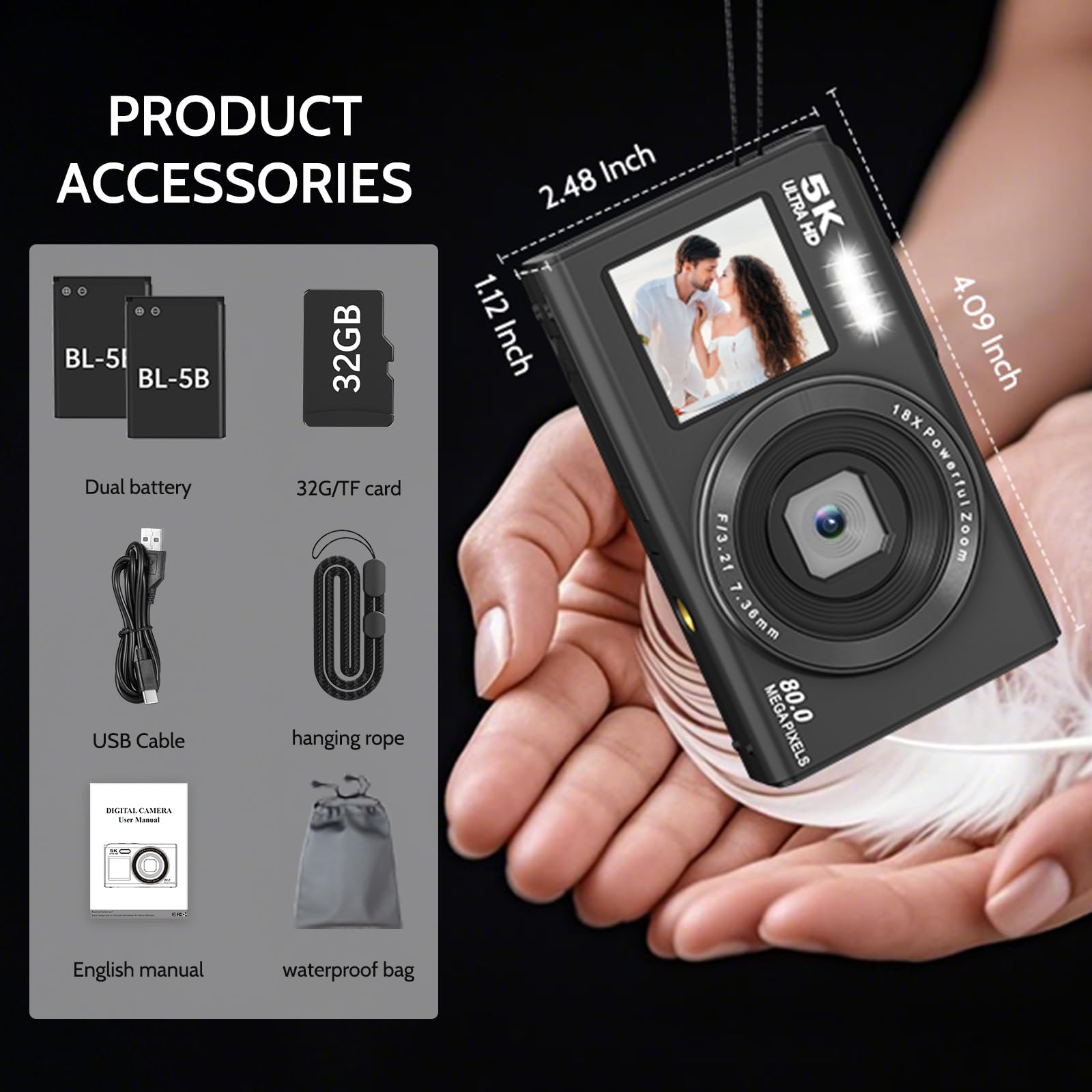 Fotocamera digitale, fotocamera 5K 80MP doppio schermo con zoom digitale 18x, fotocamera compatta per vlogging per adolescenti, elegante fotocamera per principianti per giovani e GIF, scheda da 32 GB