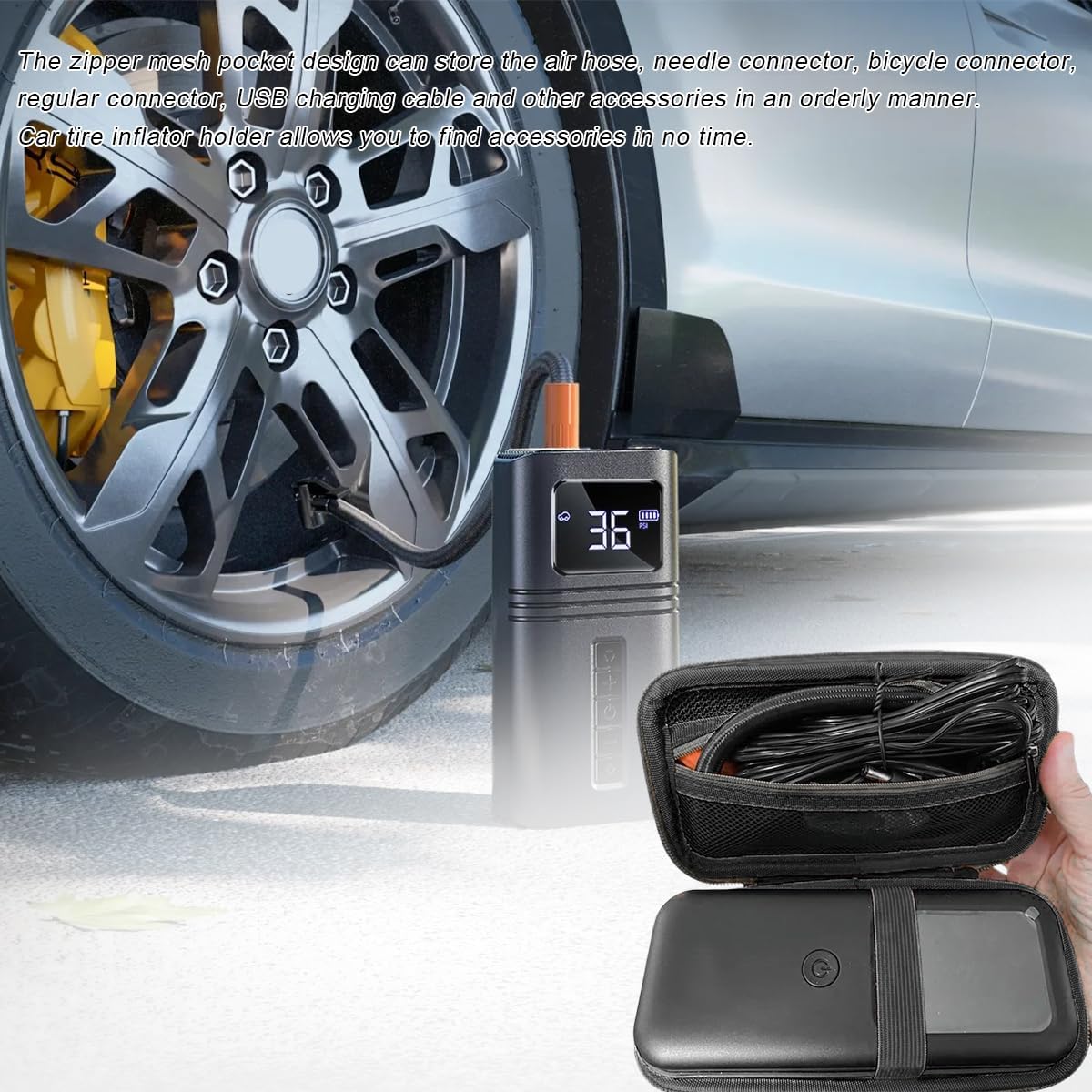 Tire Inflator Portable Air Compressor Case, 120 PSI Air Pump Storage Box for USB Cable Connector Accessories, Hard Carrying Case Compatible with Most Handheld Tire Inflators (Black) - Image 5