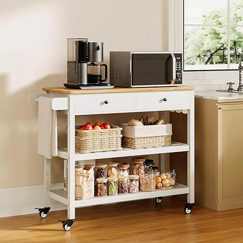 Gizoon Carrito de isla de cocina con ruedas con mesa de madera de 40 pulgadas, 2 estantes de almacenamiento espaciosos y toallero, carrito