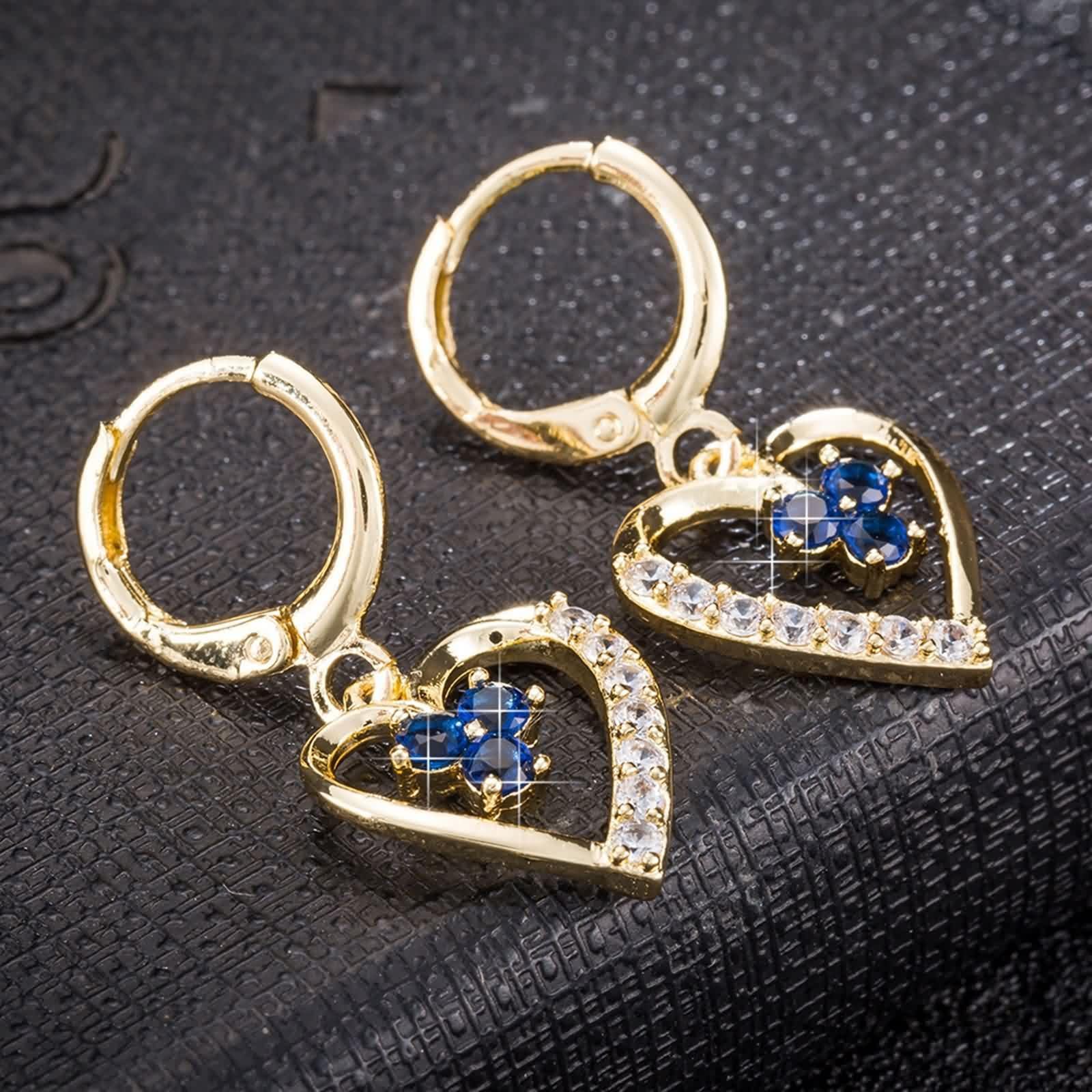 AMDXD Pendientes de aro para mujer de oro de 18 quilates, pendientes de aro con corazón hueco con zafiro azul, laboratorio creado en laboratorio, pendientes pequeños Au 750