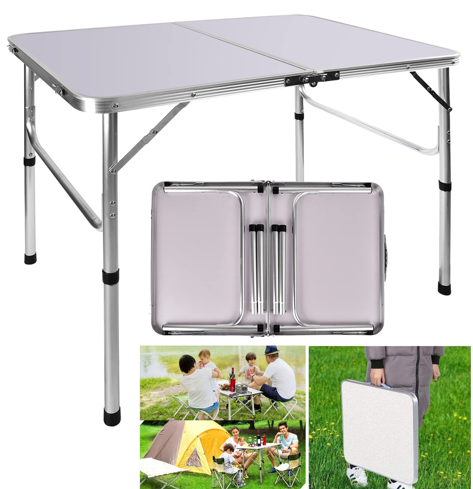 Table Pique-Nique Pliante 90x60cm, Petite Table Valise de Camping Pliante 2 Hauteur Ajustable 37/67cm, Structure Aluminium + Plateau MDF pour Repas Intérieur Extérieur Jardin BBQ et Plage