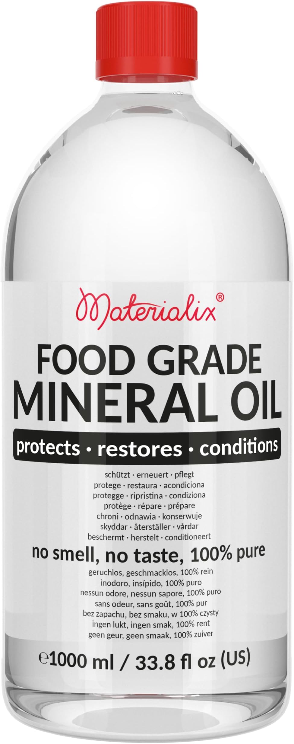 Materialix Food Grade Mineral Oil - 33.8 fl oz - for Wood, Bamboo, Stainless - Butcher Block Oil - Cutting Board Oil and Conditioner, Wood Oil, Knife Oil, Mineral Oil Food Grade