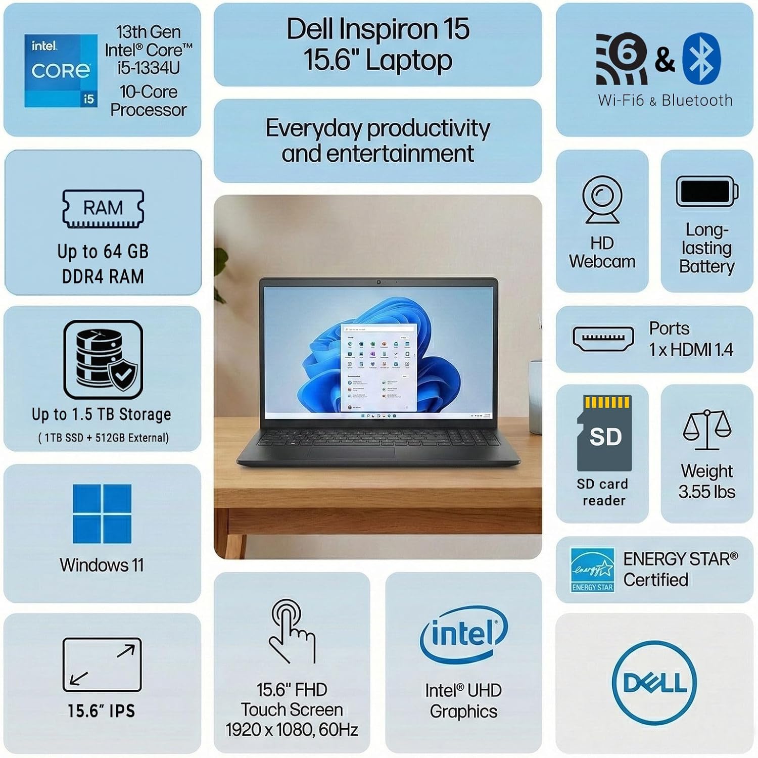 Dell Inspiron 15 Laptop, 15.6" FHD Touchscreen, Intel 10-Core i5-1334U, 12GB RAM, 256GB SSD + 512GB External, Wi-Fi 6, Copilot AI, Win 11 Home, Long Battery Life, WOWPC 3-in-1 Bundle