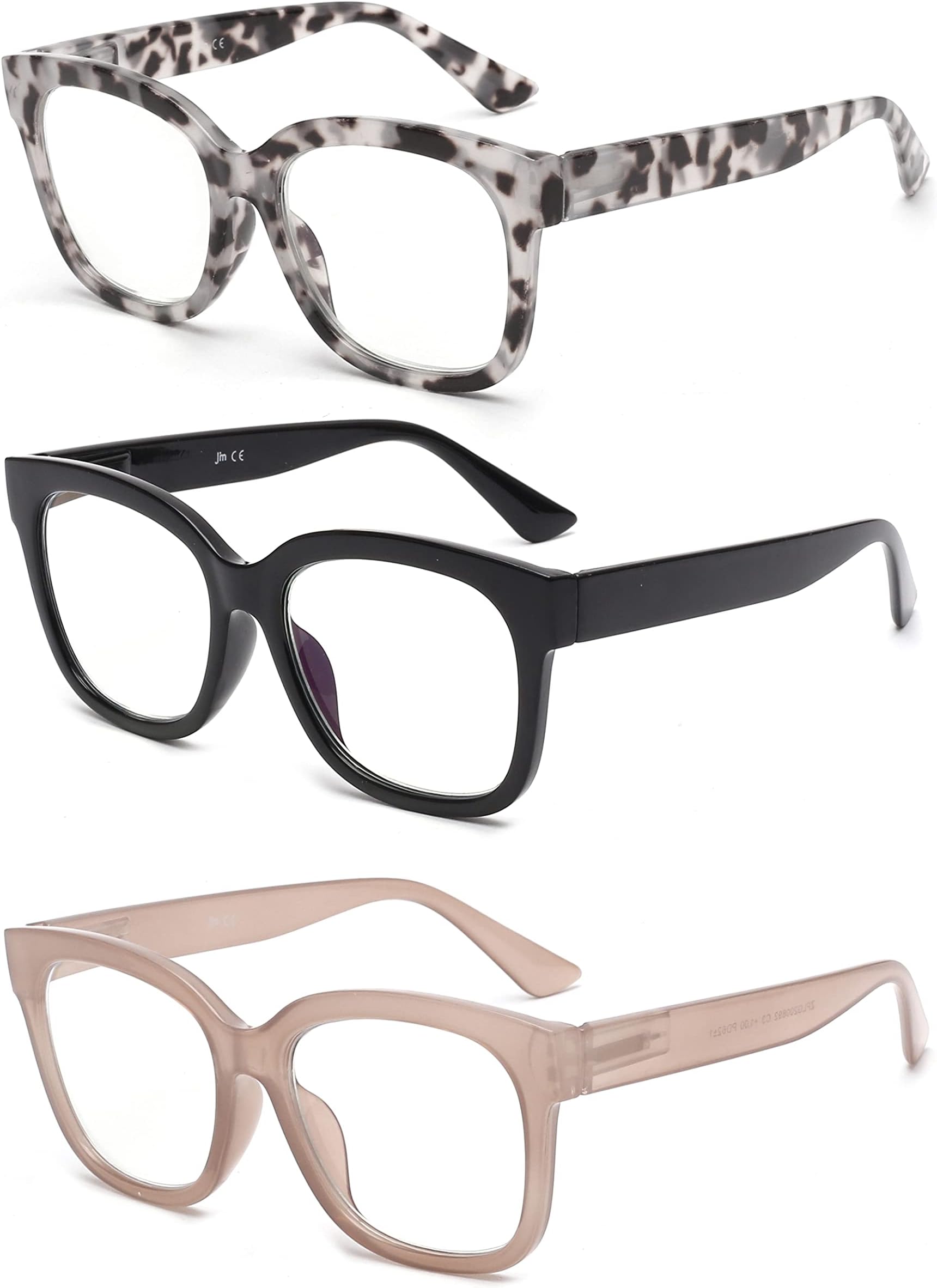 JM 3 Pack Oversized Reading Glasses for Women Large Square Blue Light Blocking Computer Readers Spring Hinge