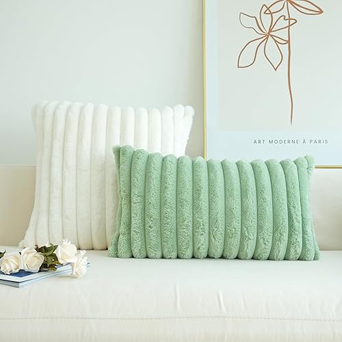 Miniatura 3 de JOJUSIS Paquete de 2 fundas de almohada decorativas de felpa de pelo sintético para sofá, fundas de almohada suaves (verde salvia, 12 x 20 pulgadas)