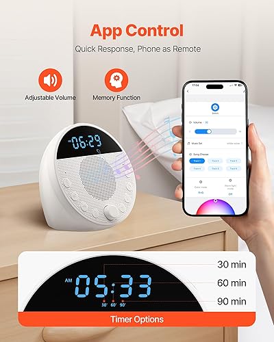 Miniatura 5 de VEVOR Máquina de sonido, 18 sonidos relajantes de sueño y luz nocturna de 7 colores, máquina de sonido de ruido blanco 5 en 1 con alarma dual,