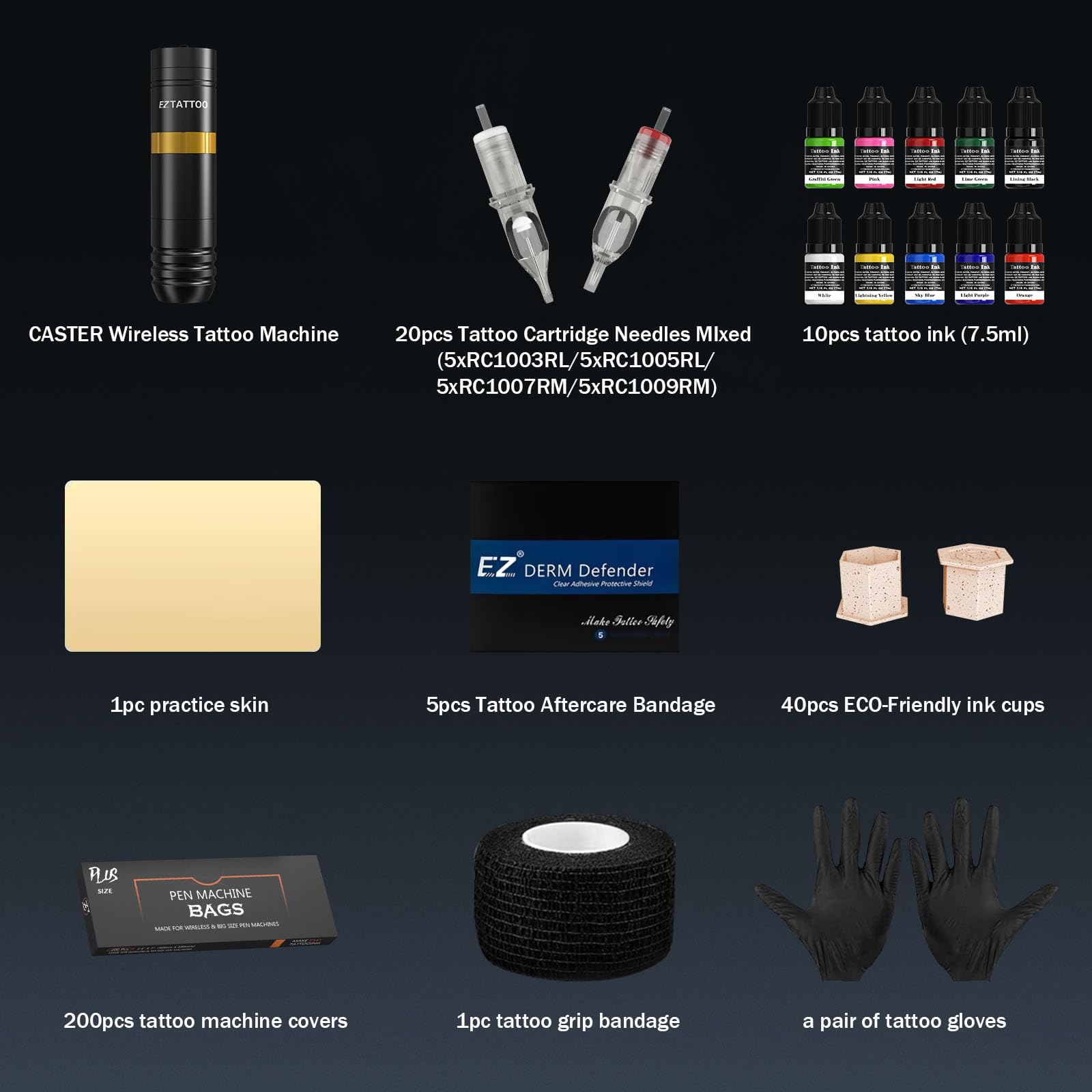 EZ Kit de Máquina de Tatuar - Kit de Tatuaje con Rotulador para Máquina de Tatuar, Batería de 1500 mAh Fuente de Alimentación, 20Pzs Agujas de Tatuaje Surtido para Tatuadores (Caster Dorado)