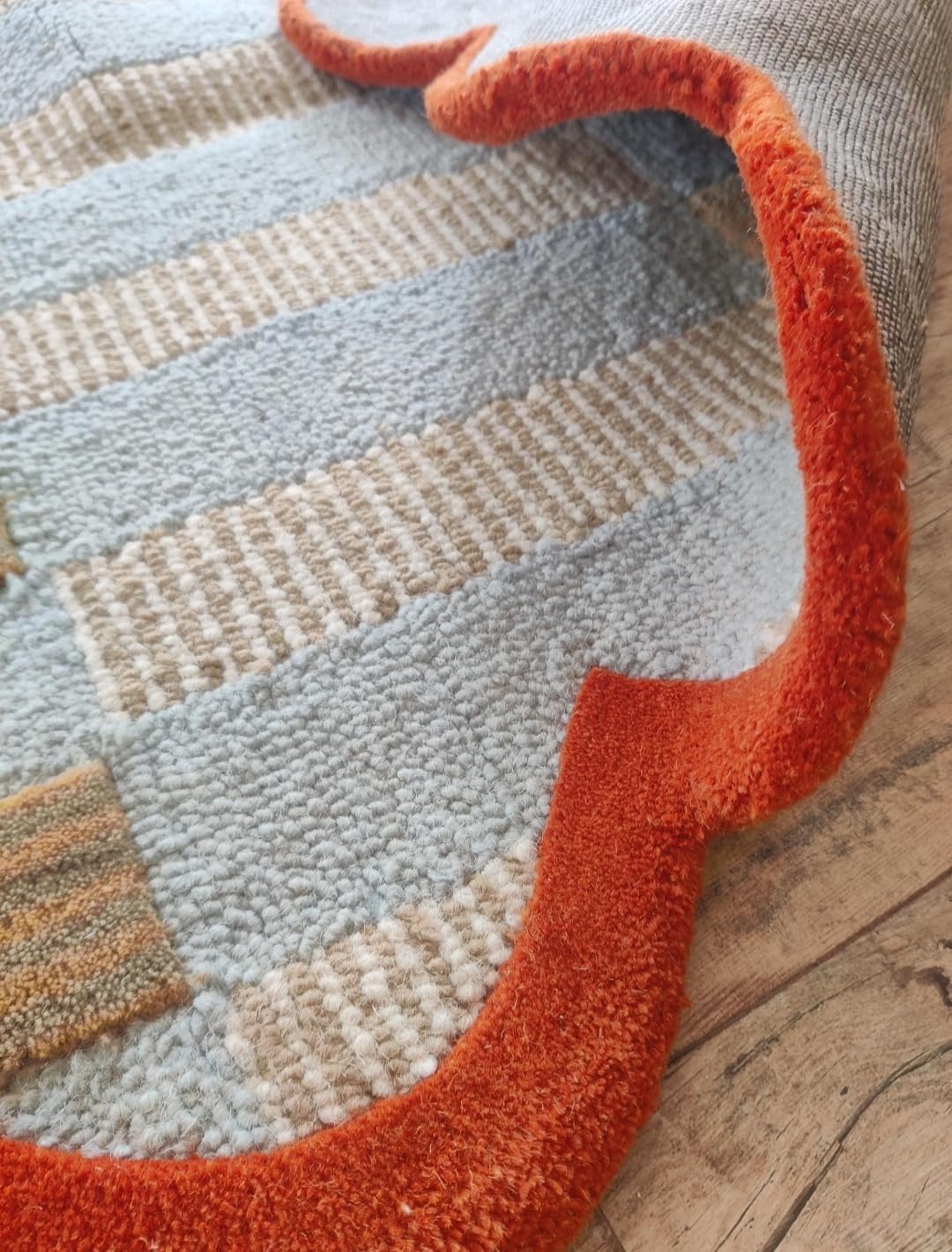 Area Rug with Scalloped Border, Geometric Checkered Pattern, Blue Tan Orange, Handwoven Textured Design (240 * 300 cm)