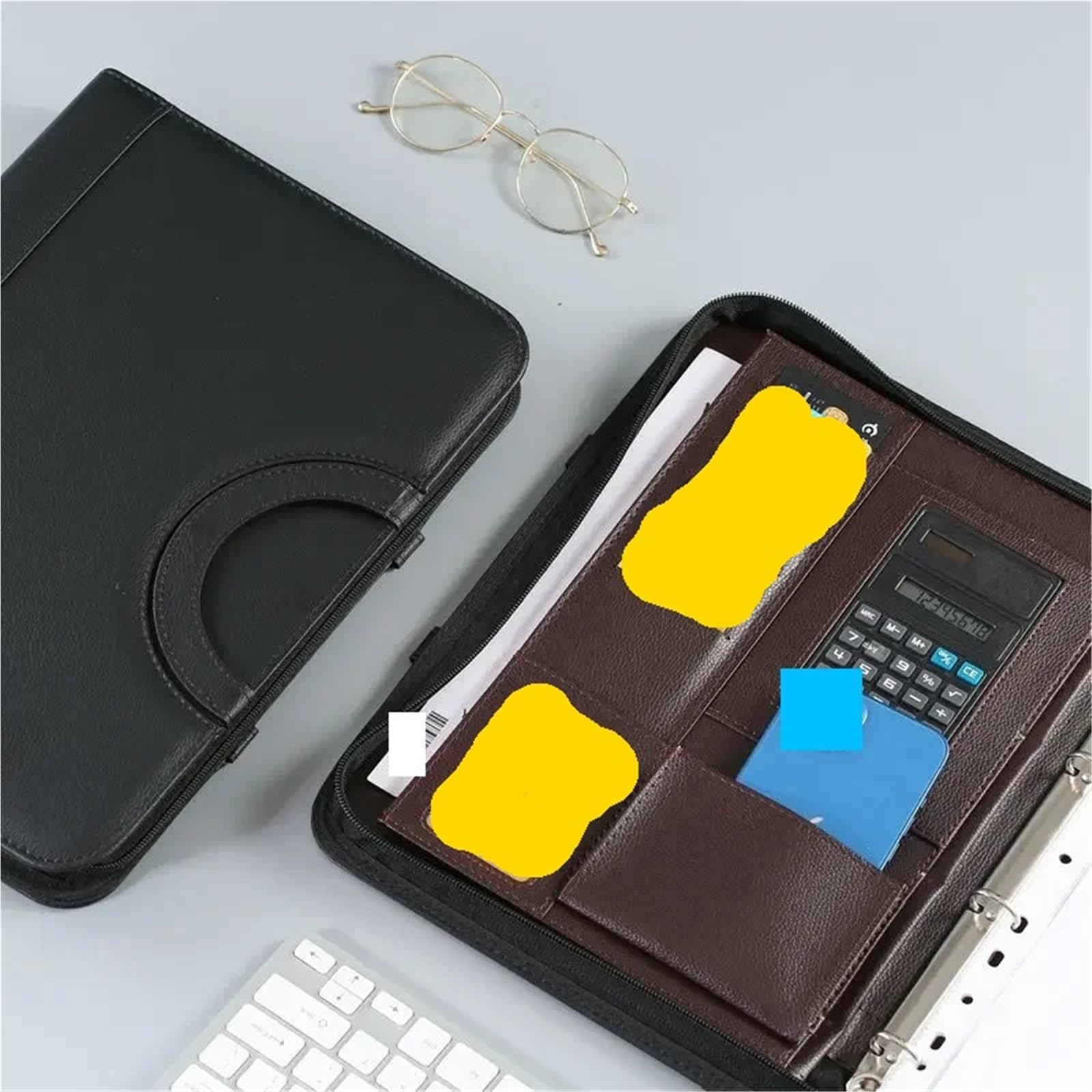 Custodia Portadocumenti In Pelle Cartella portadocumenti portatile multifunzionale in pelle con cerniera A4, for ufficio, porta biglietti da visita, borsa in(Black single shell)
