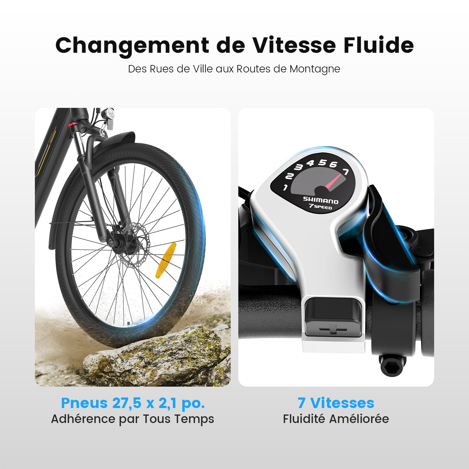 Vélo Électrique 27,5", Moteur 250W, Batterie 36 V 15,6 Ah Amovible, Autonomie Jusqu’à 100 km, 7 Vitesses, Écran LCD, Assistance 25 km/h, Charge Max 120 kg, Modèle Mixte E-Bike