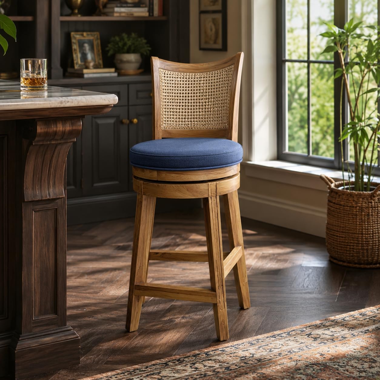 Premium Dark Teak Solid Teak Wood Bar Chair with Cane Back, Foam Fabric Seat and Semi Matt Finish (Dark Teak, Velvet Blue Fabric, Teak Wood)-image-2