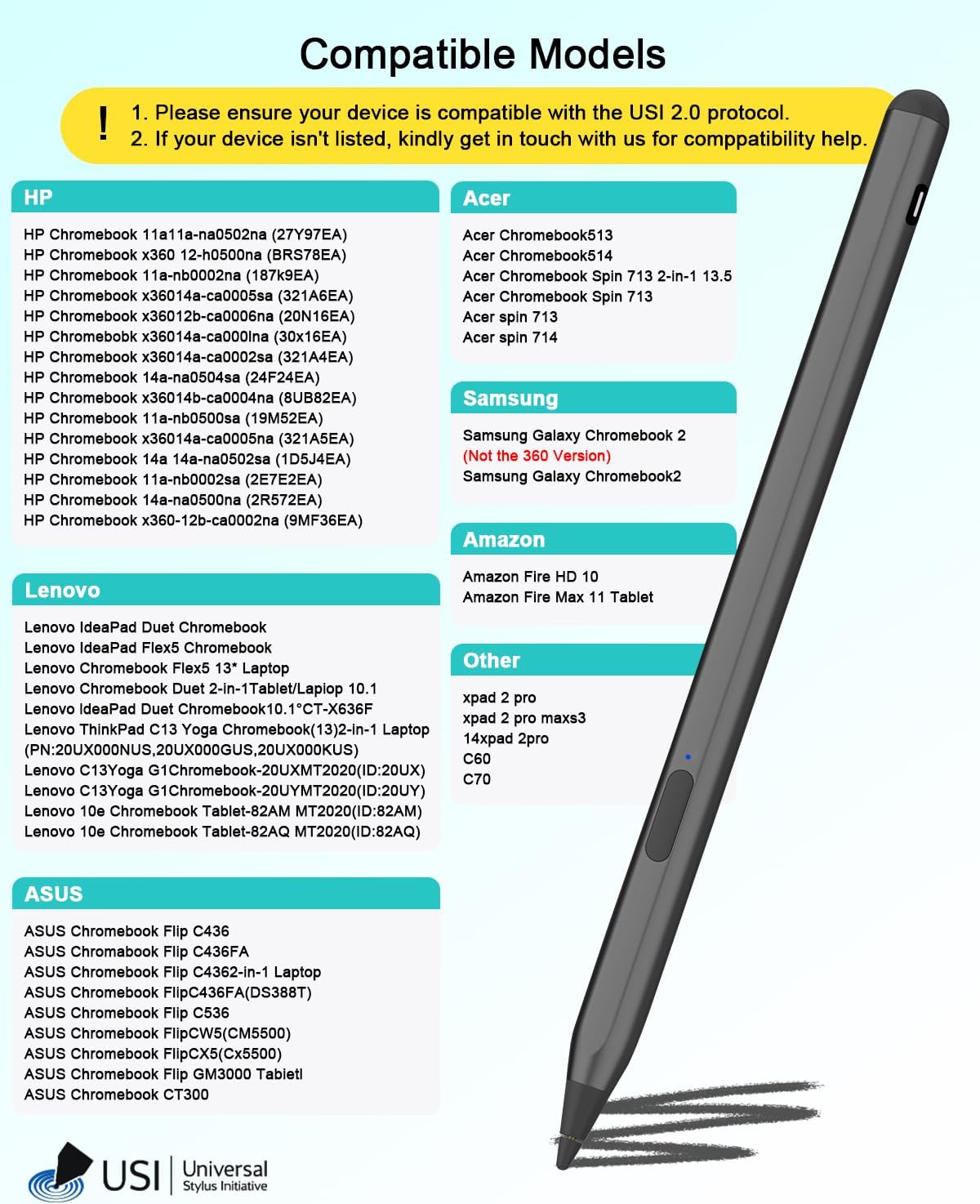 DOGAIN USI2.0 Stylus Pen for Amazon Fire HD 10/Max 11 Tablet/ASUS/Lenovo/HP/Acer Chromebook 4096 Levels Pressure Palm Rejection Digital Stylus Pen Type-C Fast Charging Aluminum Body