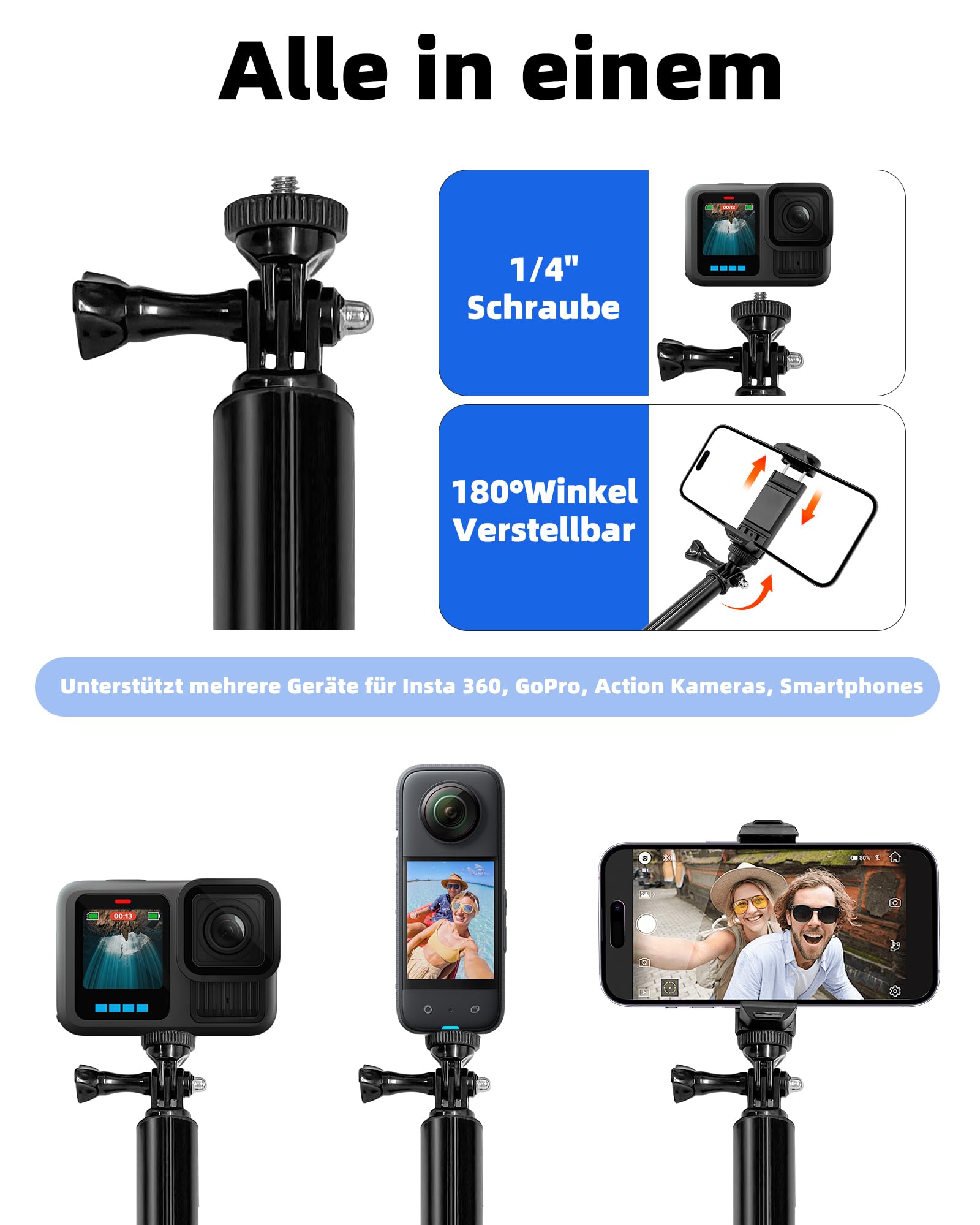 3m Selfie Stick Stativ aus Wasserdicht Aluminium,ausziehbares Monopod Stativ für Insta 360 X5/X4/X3/ONE RS/X2, GoPro Hero, DJI Osmo Action 5/4/2, Smartphones, 42-300 cm, mit Handyhalter & Tasche
