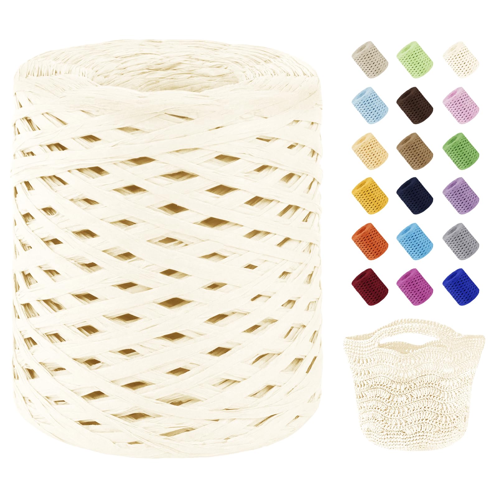 Uiopa Raffia Ribbon for Crochet, 3mm x 200m Raffia Paper Ribbon Straw Crochet Yarn for Crocheting Beach Bags, Sun Hats, Home Decor, DIY Crafts (Cream White)