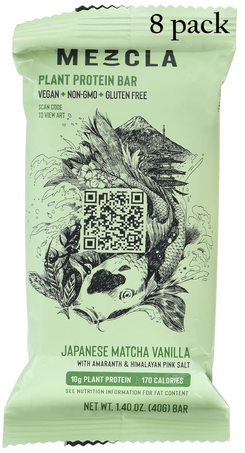 Mezcla Vegan Protein Bars, Gluten Free Snack Made with Pumpkin Seeds, Pea Protein, Organic Vanilla and Other Premium Ingredients, Healthy Snacks, Japanese Matcha Vanilla, 10g of Protein, 8 Pack