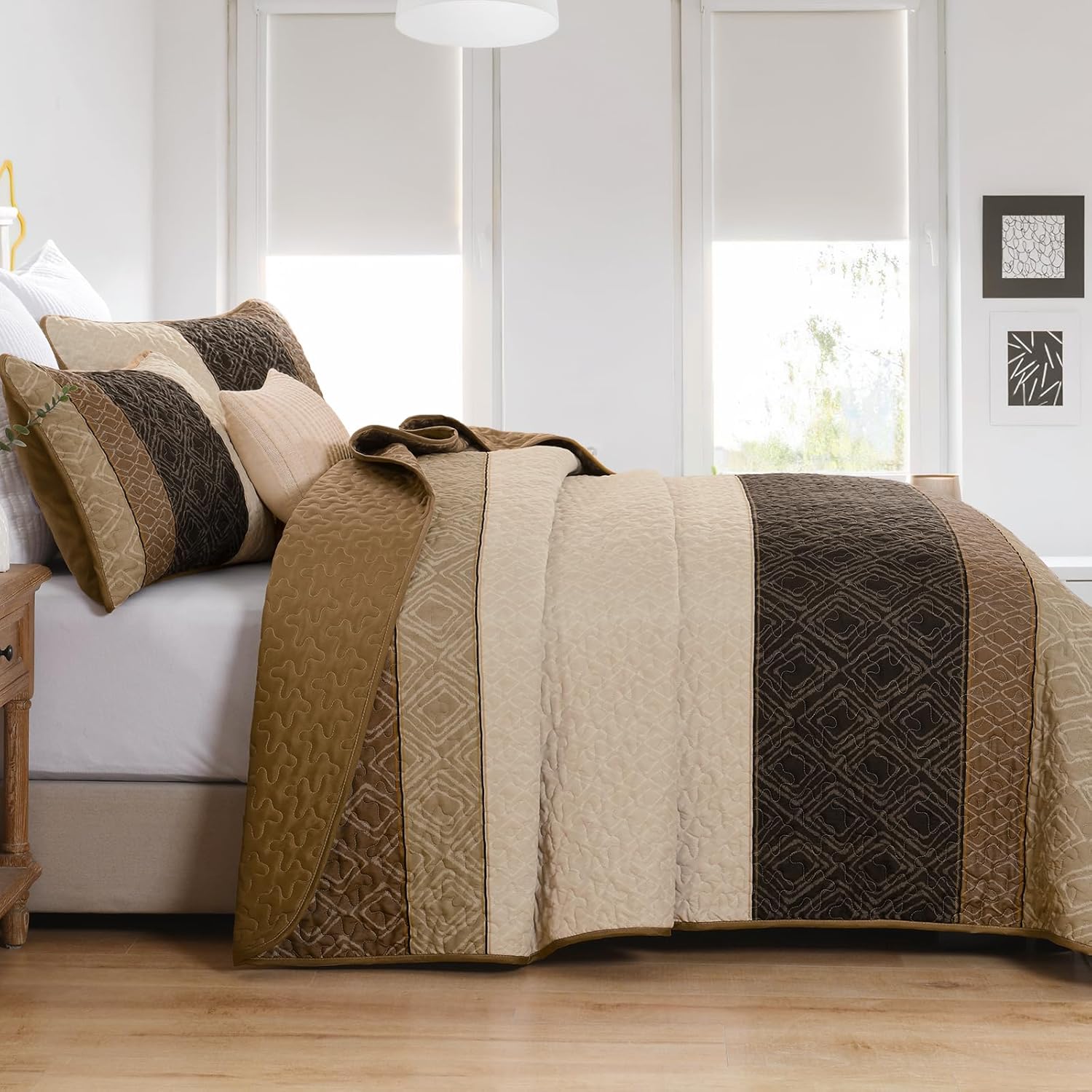 Boho Queen Quilt Set,Striped Plaid Bedspread Coverlet Set,Light Brown Bedding Set Soft Microfiber Bedding Set with 2 Pillow Shams 96"x90" - Image 5