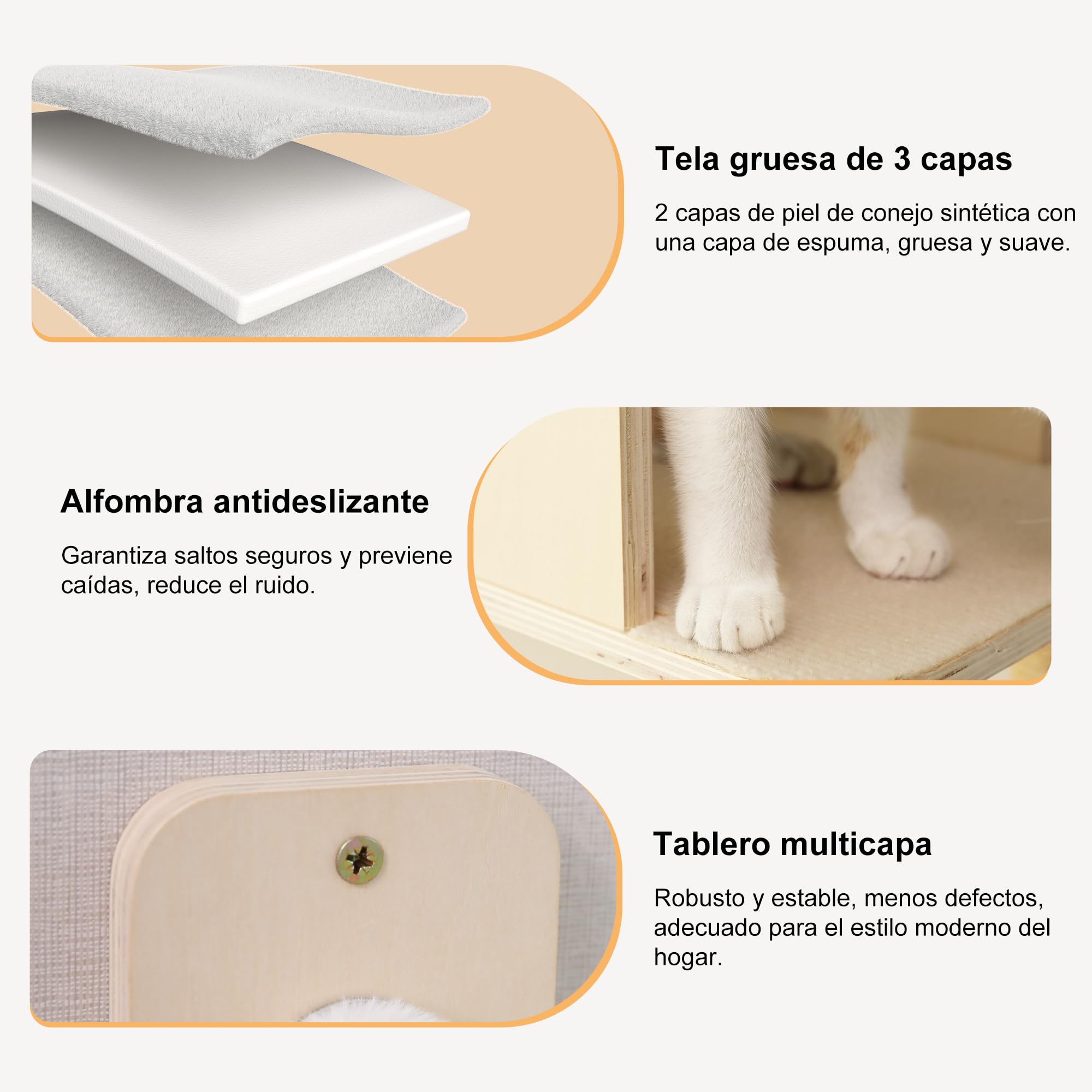 FUKUMARU Set de Pared de Escalada para Gatos, 3 Piezas - Estanterías de Pared, Hechas de Tablero Multicapa de Abedul, Cama Pared Gato, Escaleras para Gatos hasta 14 kg, Beige