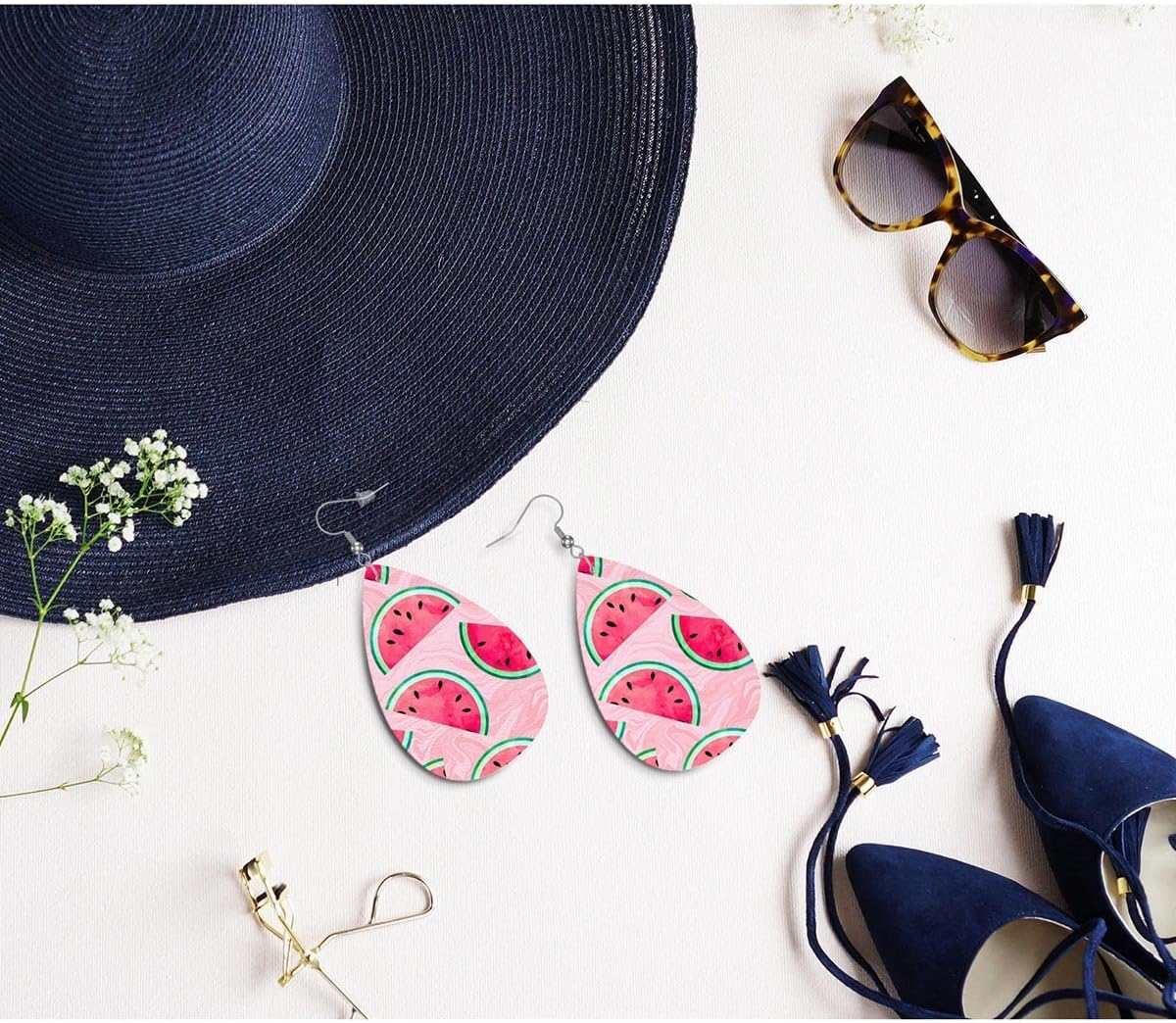 Zokola Watermelon Leather Drop Earrings Set, Fruity Watermelon Pieces Pink Marble Lightweight Teardrop Earrings Leather Dangle Earrings For Women Friends Wedding Jewelry - Image 4