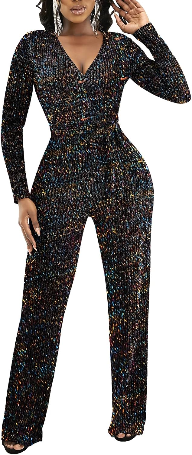 LightlyKiss Women's casual sexy V-neck sparkling jumpsuit long sleeve loose jumpsuits Fashion Club party Rompers with belt - Image 2
