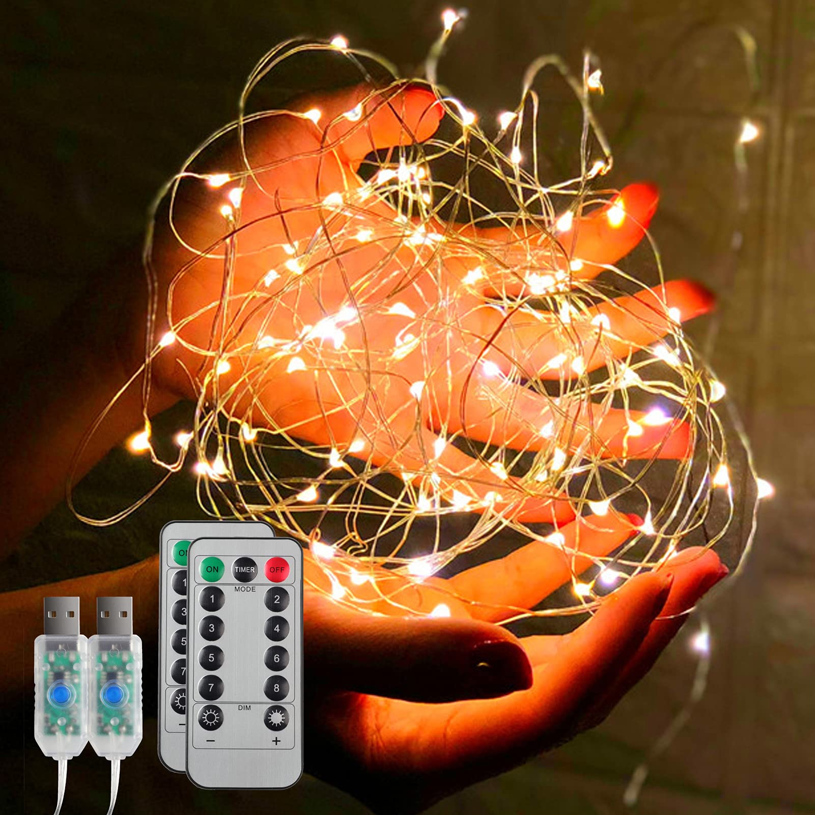 MAOVII Fairy Lights USB 2 Pack 10M 100 LED Fairy Lights, 8 Modes of Fairy Lights with Remote Control and Interior Decoration Timer (Warm White)