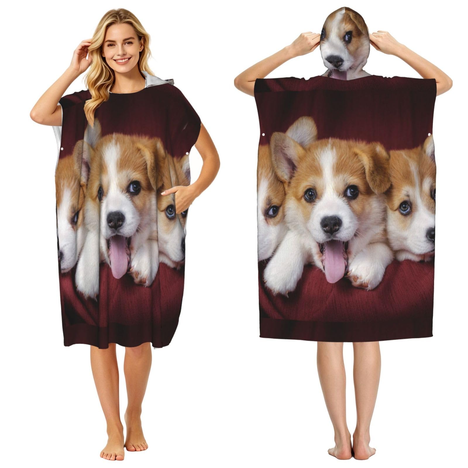 Poadnly Welsh Corgi Dog, Adult Hooded Beach Towel 90 x 110 cm,Changing Bath Robe, Surf Poncho Towel For Women Men