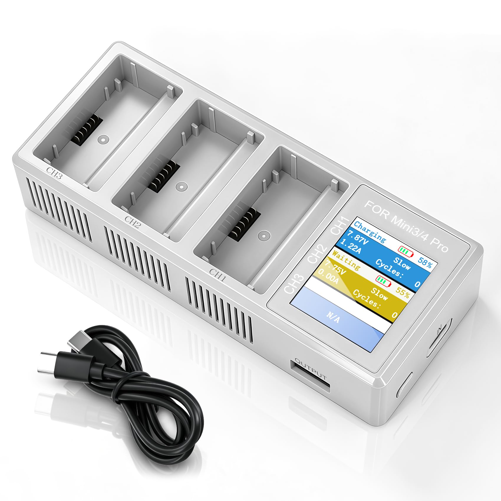 Mini 4 Pro Two-Way Battery Charging Hub with LCD Compatible with DJI Mini 4 Pro/3 Pro/3 Batteries Multifunction Charger with Storage & Discharge Simultaneously Charges 3 Intelligent Flight Batteries