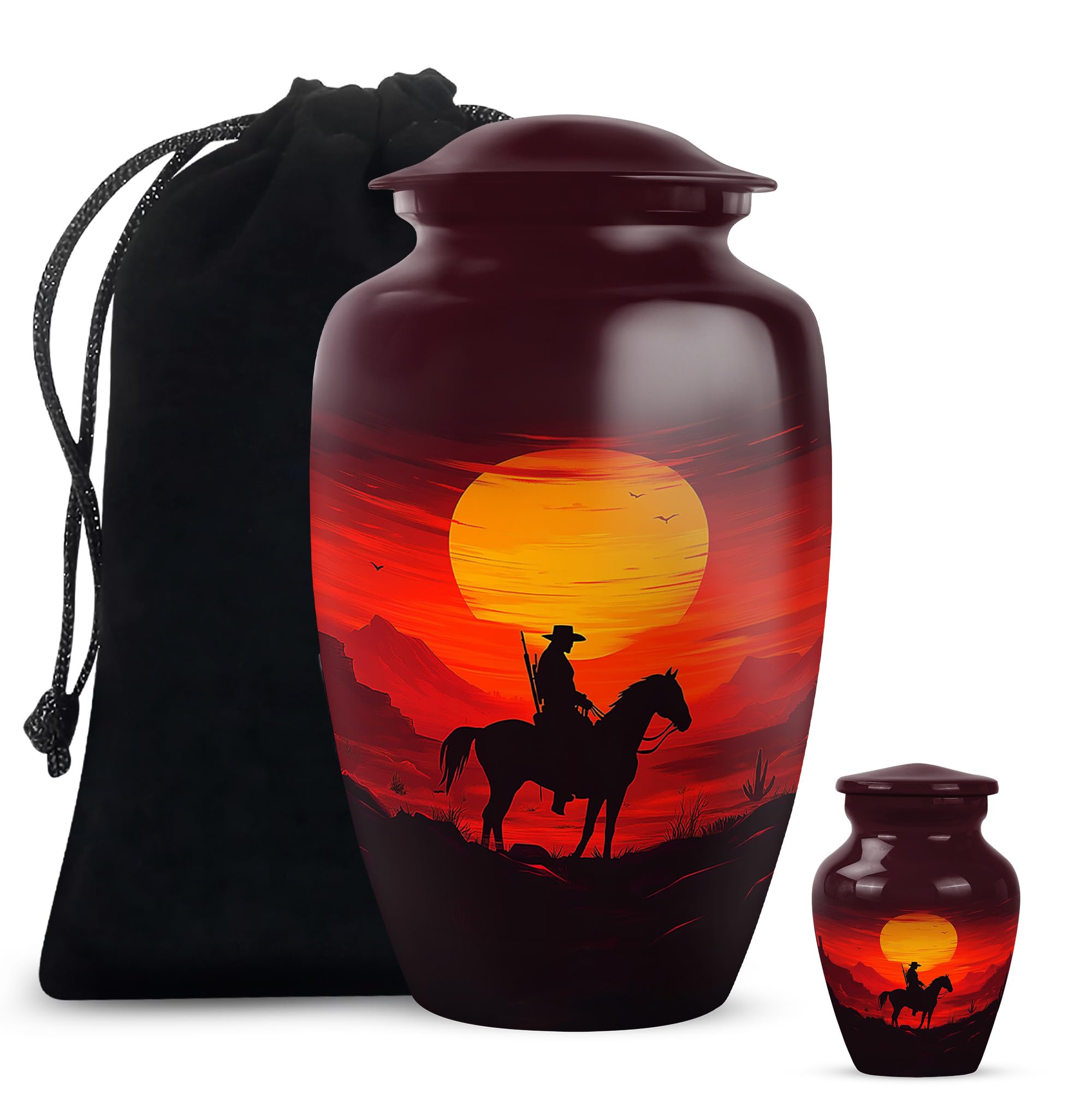 Cowboy Urn - Large &amp; Small Urn for Ashes Adult Male - Tiny Urn for Human Ashes - Urn for Ashes for Women - Funeral Urns for Adult Ashes Women (Combo - 10" &amp; 3", 2 Pcs)