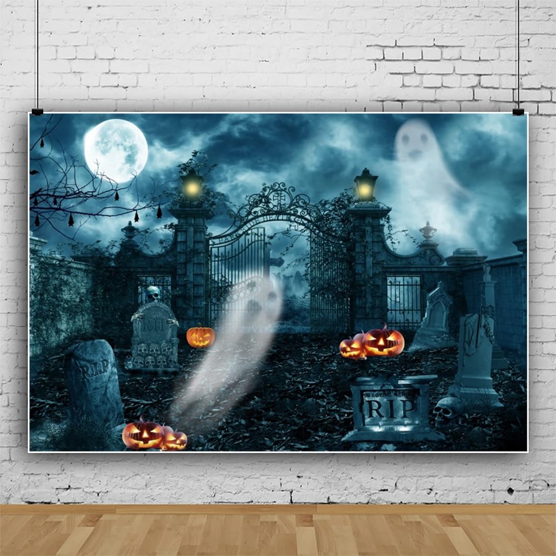 Toile De Fond Halloween 2,4x1,8 M - Motif Citrouille, Lune, Crâne Et Cimetière - Décoration Fête Photo