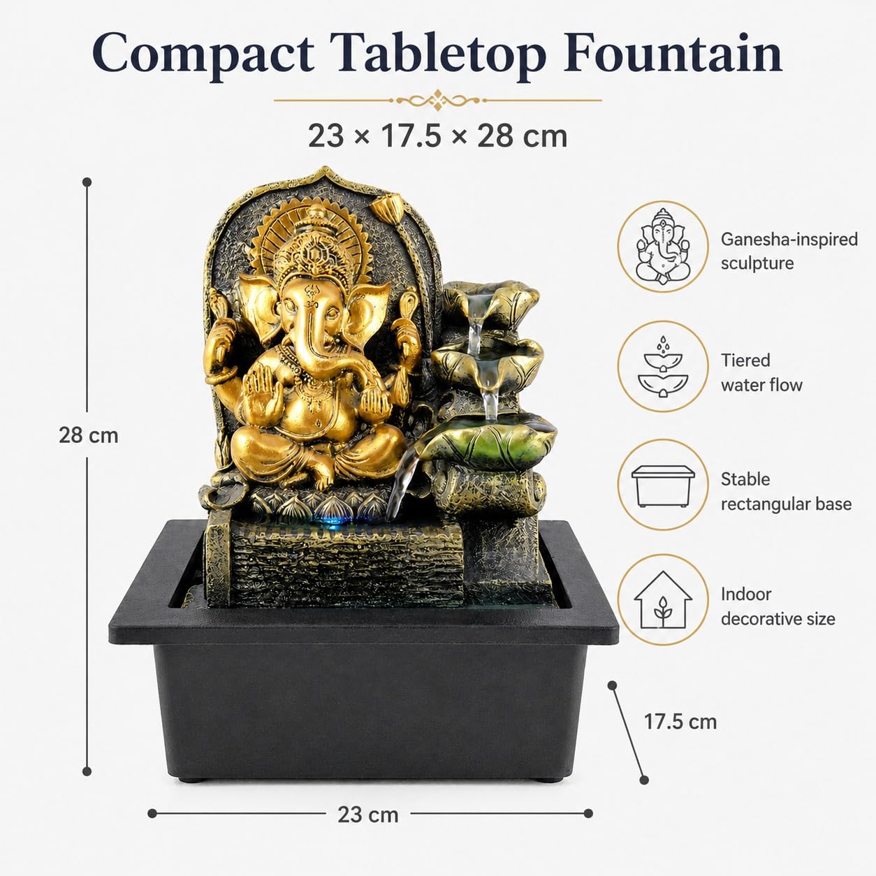 Ganesha Fuente de mesa, fuente de cascada interior de 11 pulgadas con luz LED, decoración de flujo de agua de hojas escalonadas para escritorio, oficina en casa