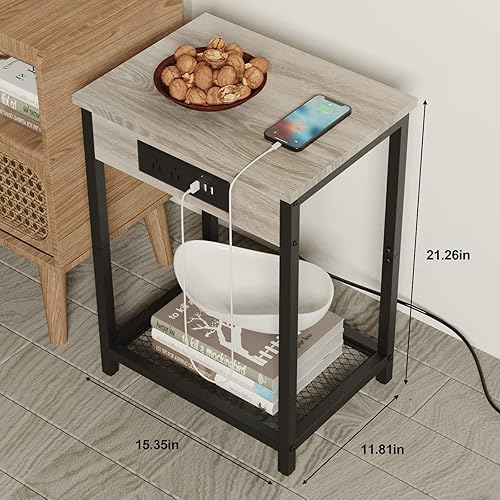 Miniatura 18 de CADUKE Juego de 2 mesitas de noche, mesita de noche con estación de carga para dormitorio, mesa auxiliar industrial con puertos USB y tomas de café