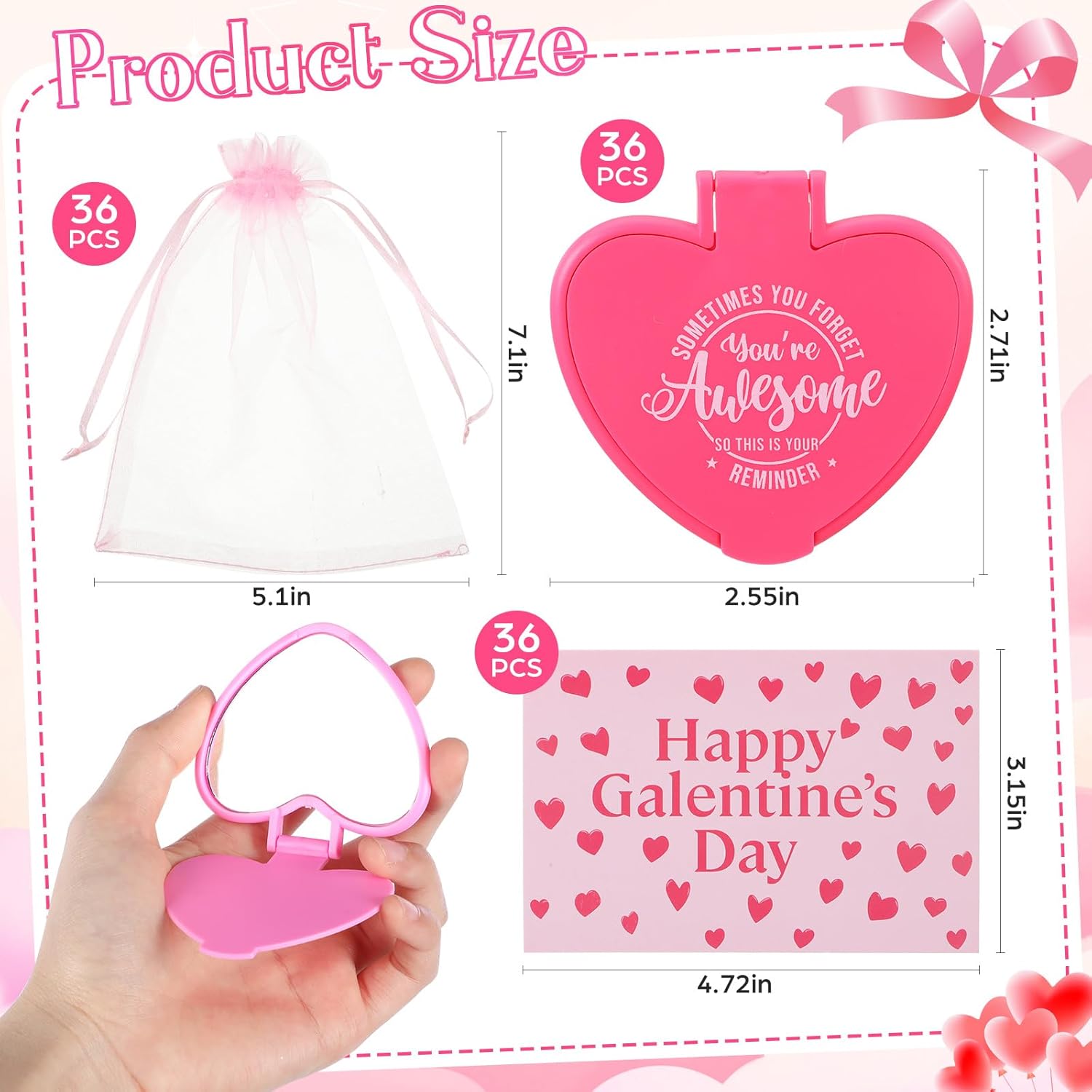 Thyle 36 Set Galentines Gift Heart Mirror Compact Bulk with Valentine Cards and Organza Bags Heart Shaped Mini Pocket Small Folding Makeup Portable Travel Purse Hand Mirror for Valentine Party Favor