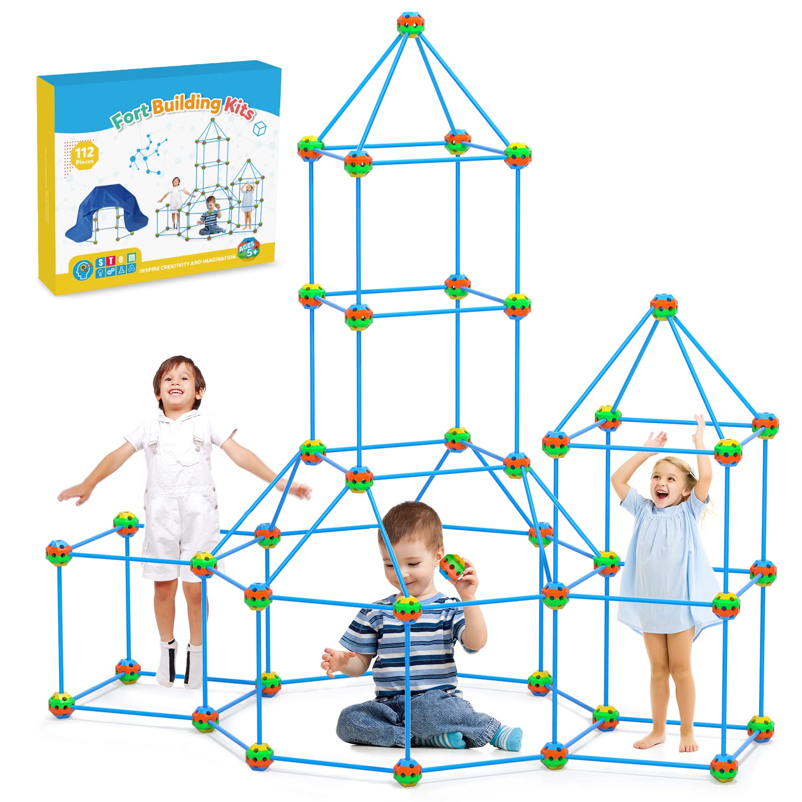 Tecjoe Fort Building Kit, 112 Pieces Construction Fort Toys for Kids with a Blanket and Dinosaur Stickers to DIY Building Castles Tunnels Play Tent Rocket Tower Indoor & Outdoor, Toys for Boys Girls