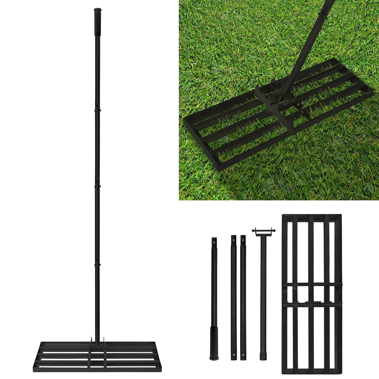 Froadp Rascador de césped de acero inoxidable, rastrillo de jardín, con mango de goma antideslizante, longitud ajustable, 101 – 202 cm, para arena, eliminación de césped perfecto (25 x 76 cm)