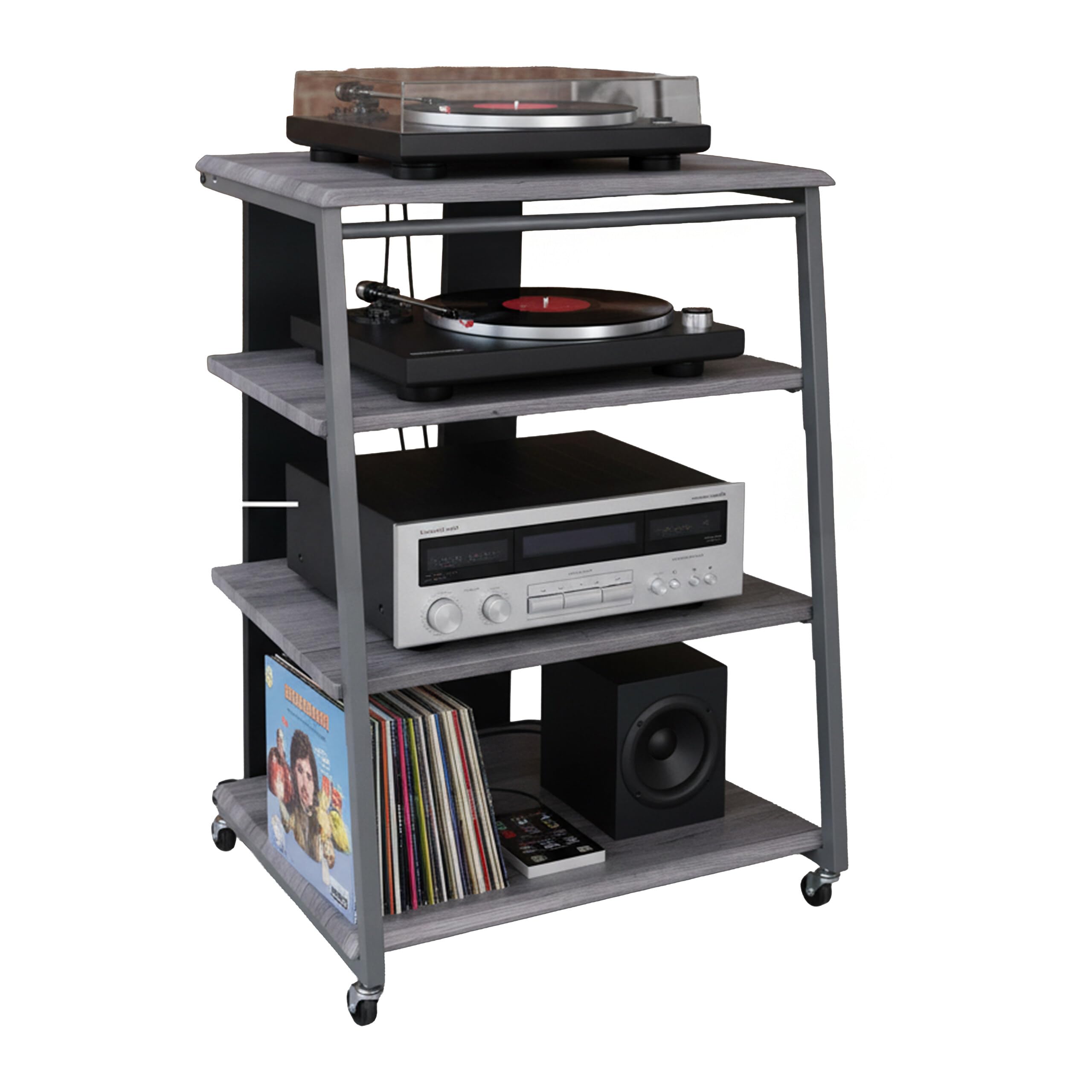 Meuble Hi-​FI Relaxdays, 4 Niveaux, pour Platine Vinyle, chaîne stéréo, métal & MDF, HxLxP:​78x61x52 cm, multimédia, Gris
