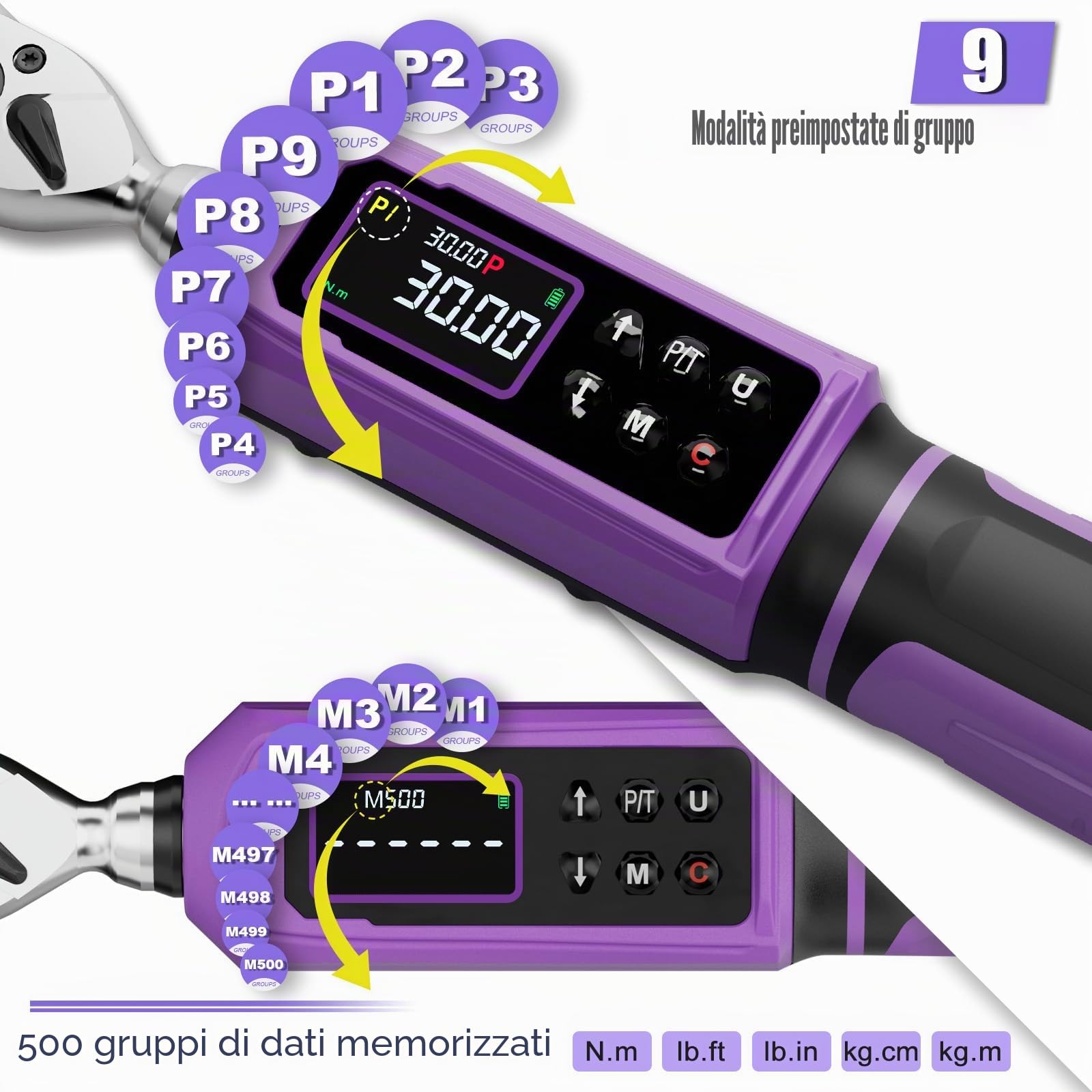 ANPUDS Chiave Dinamometrica Digitale 1/4", 0.45-30 Nm, ±1% Precisione | con Maniglia Vibrante, Cicalino e LED, Coppia a Doppia Direzione, per Bici da Strada e Montagna, Moto(Viola)
