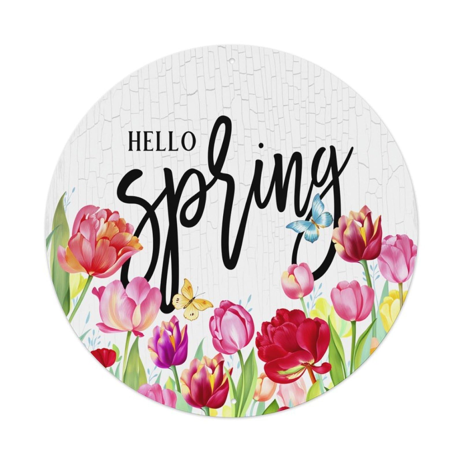 Floral Spring Tulip Butterfly Pattern Round Tin Sign Retro Metal Sign for Cafe Bar Pub Home Game Room Gym Club Wall Decoration Vintage Metal Poster 8x8 Inch