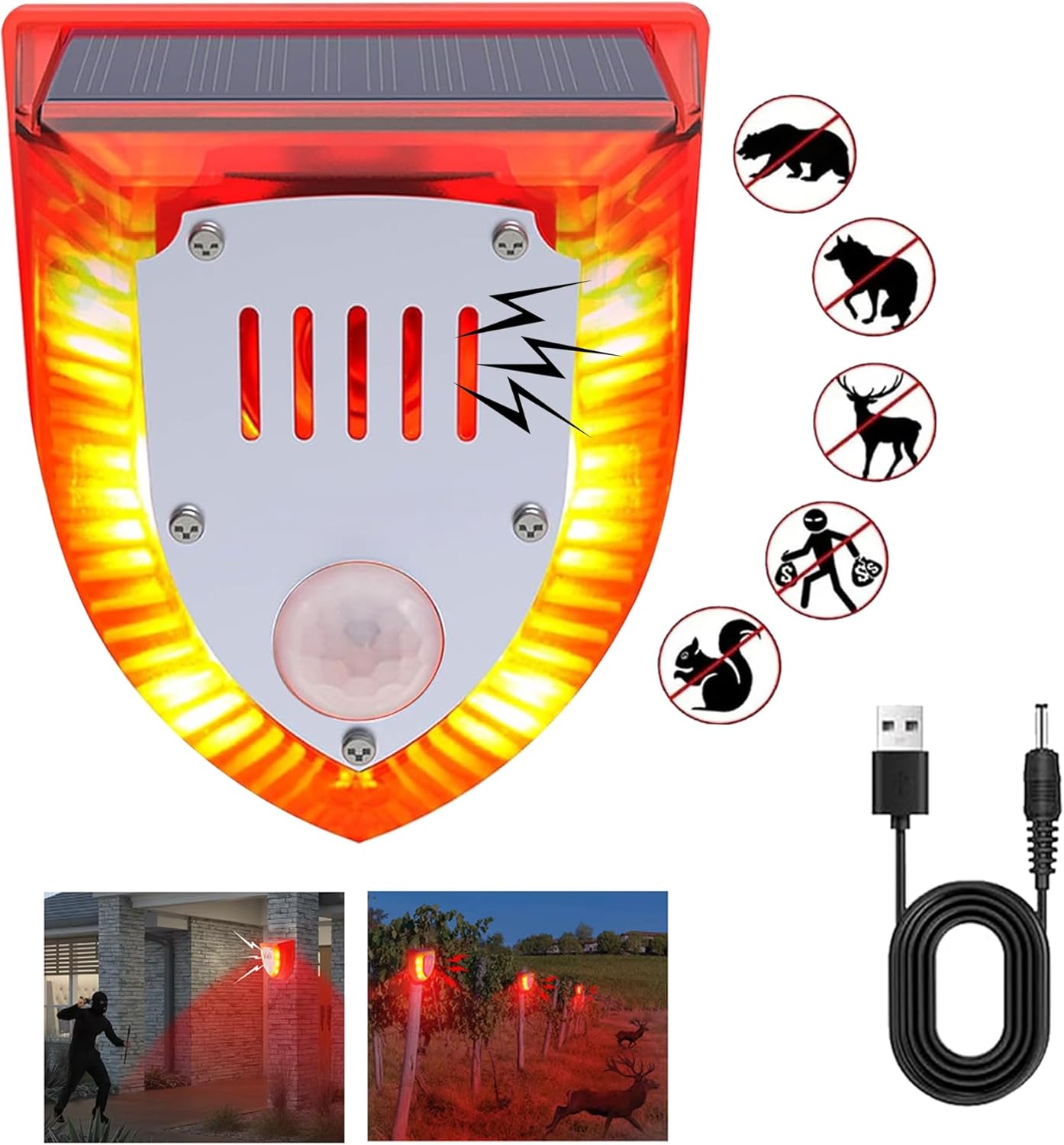 Solar Outdoor Motion Sensor Alarm – Dog Barking&Gunshot Sound 129db, Light Strobe Light Warning Lamp with USB, Motion Detector Noise Maker Warning Lamp for Home, Villa, Farm, Barn, Yard (1 Pack)