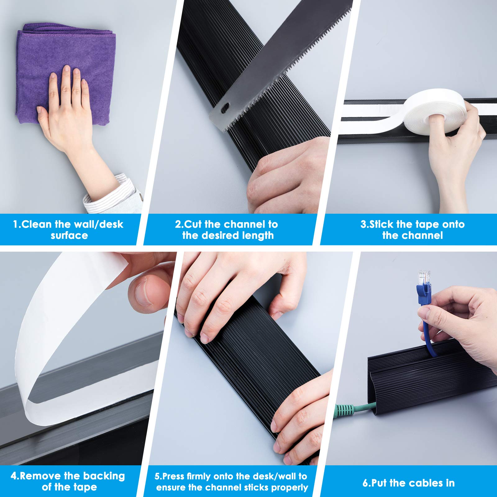 Cable Management 62.8'' J Channel Cable Raceway Black, Under Desk Cable