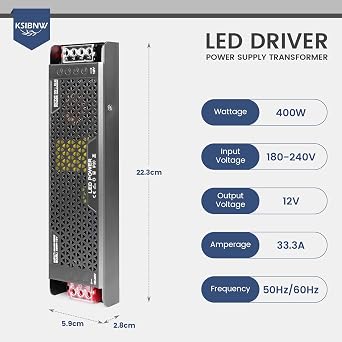 KSIBNW 12V Dimmable LED Driver 400W, Transformer 220V AC to 12V DC 33.3A Power Supply Constant Voltage Adapter Ultra Thin Low Voltage Transformer for 12 Volt LED Lights, Bulbs and Displays