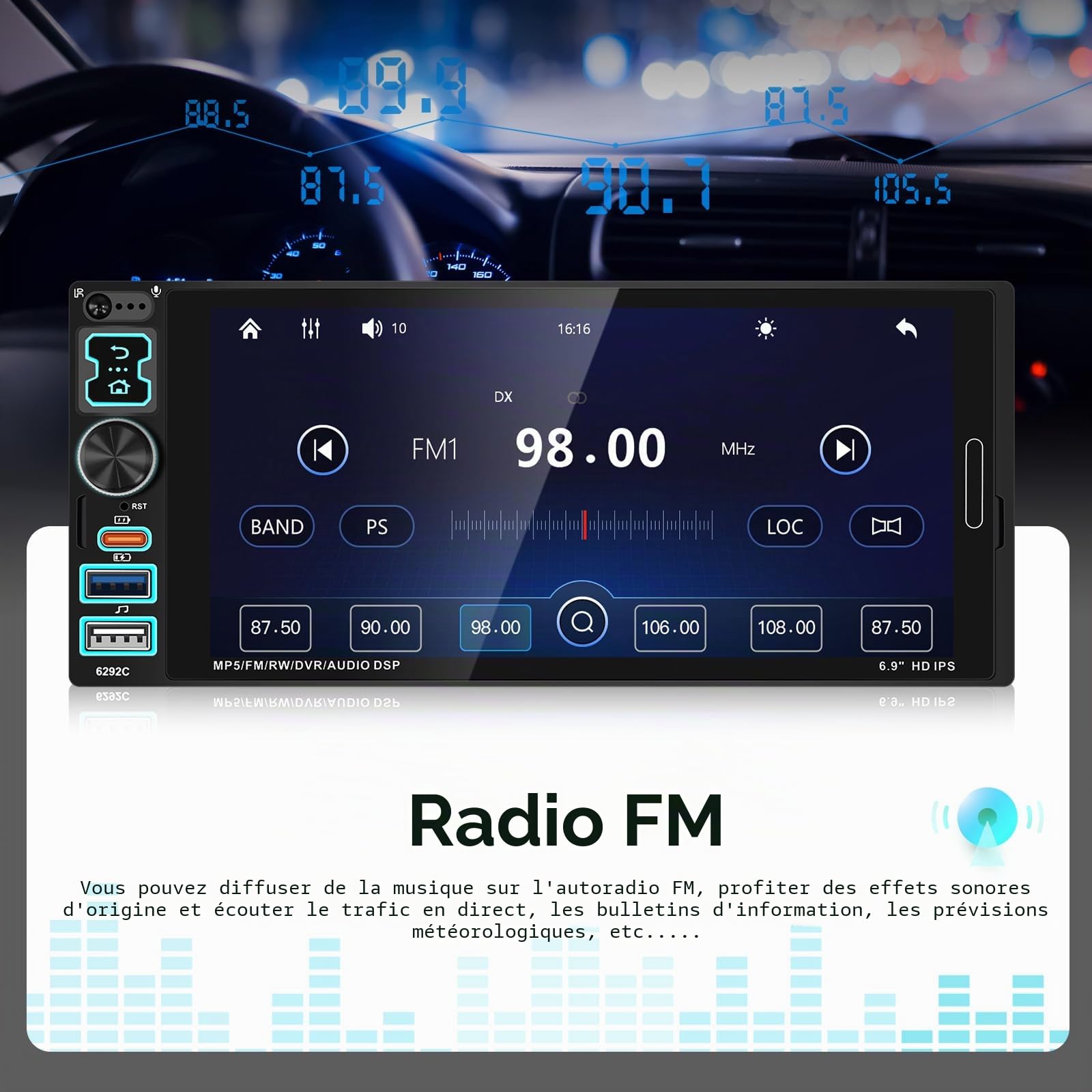 Autoradio 1 DIN Carplay Android Auto, Ecran Tactile 6.9 Pouces 1 Din Poste Radio Voiture Bluetooth Mains Libres, FM, Caméra de Recul, Microphone, USB/AUX/TF/EQ/DVR